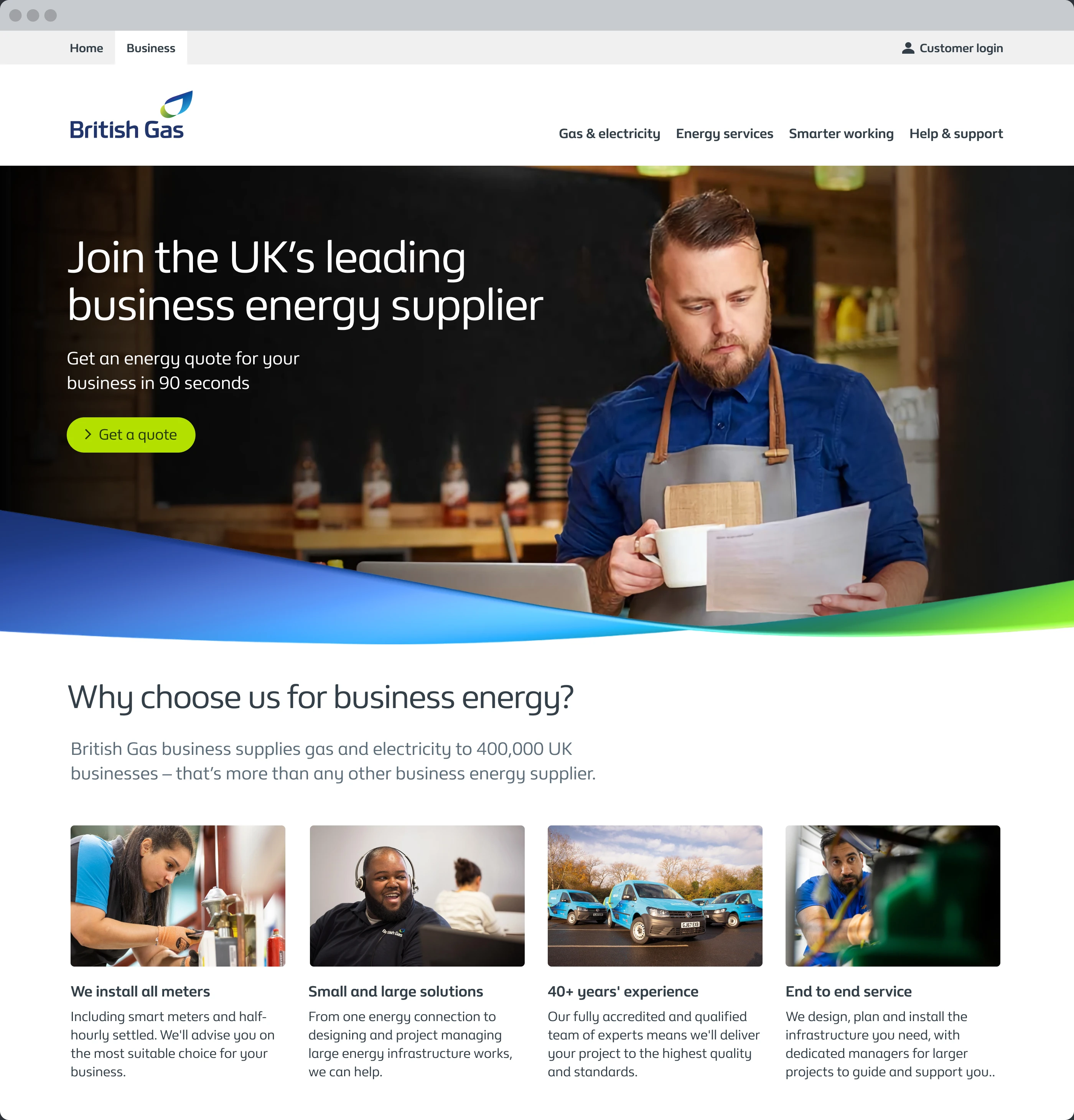 Screenshot of British Gas business homepage