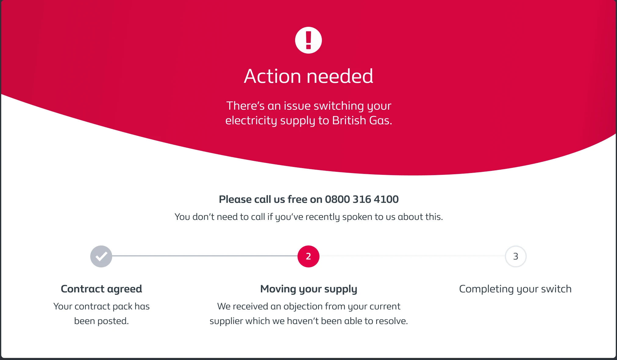 Screenshot of message outlining progress switching from another supplier to British Gas