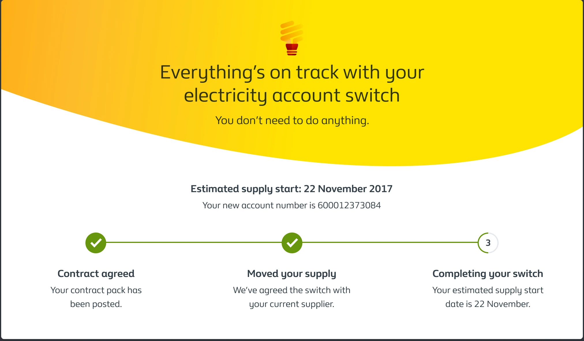 Screenshot of message outlining progress switching from another supplier to British Gas