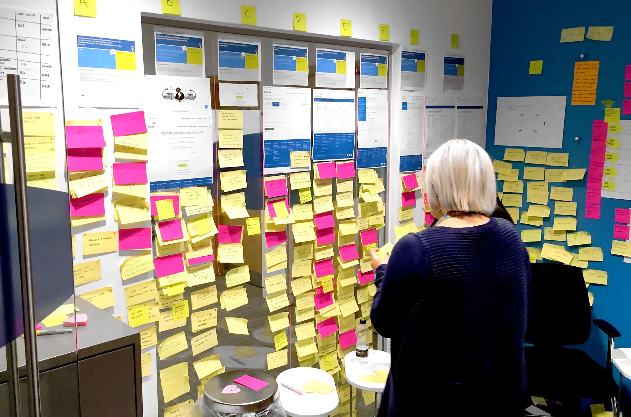 Two colleagues looking at the wall of post-its