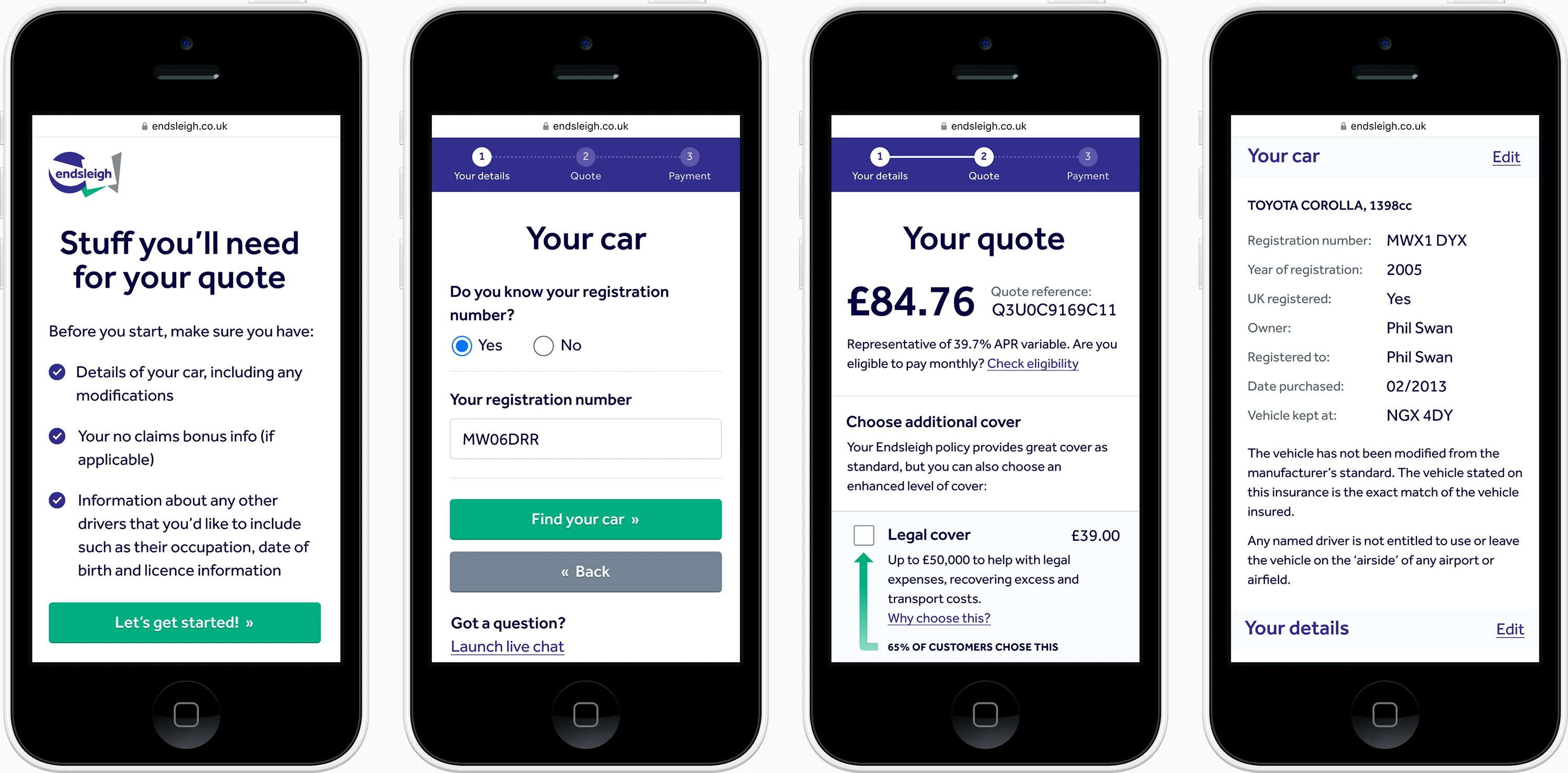 Smartphone mockups showing the car insurance quote journey