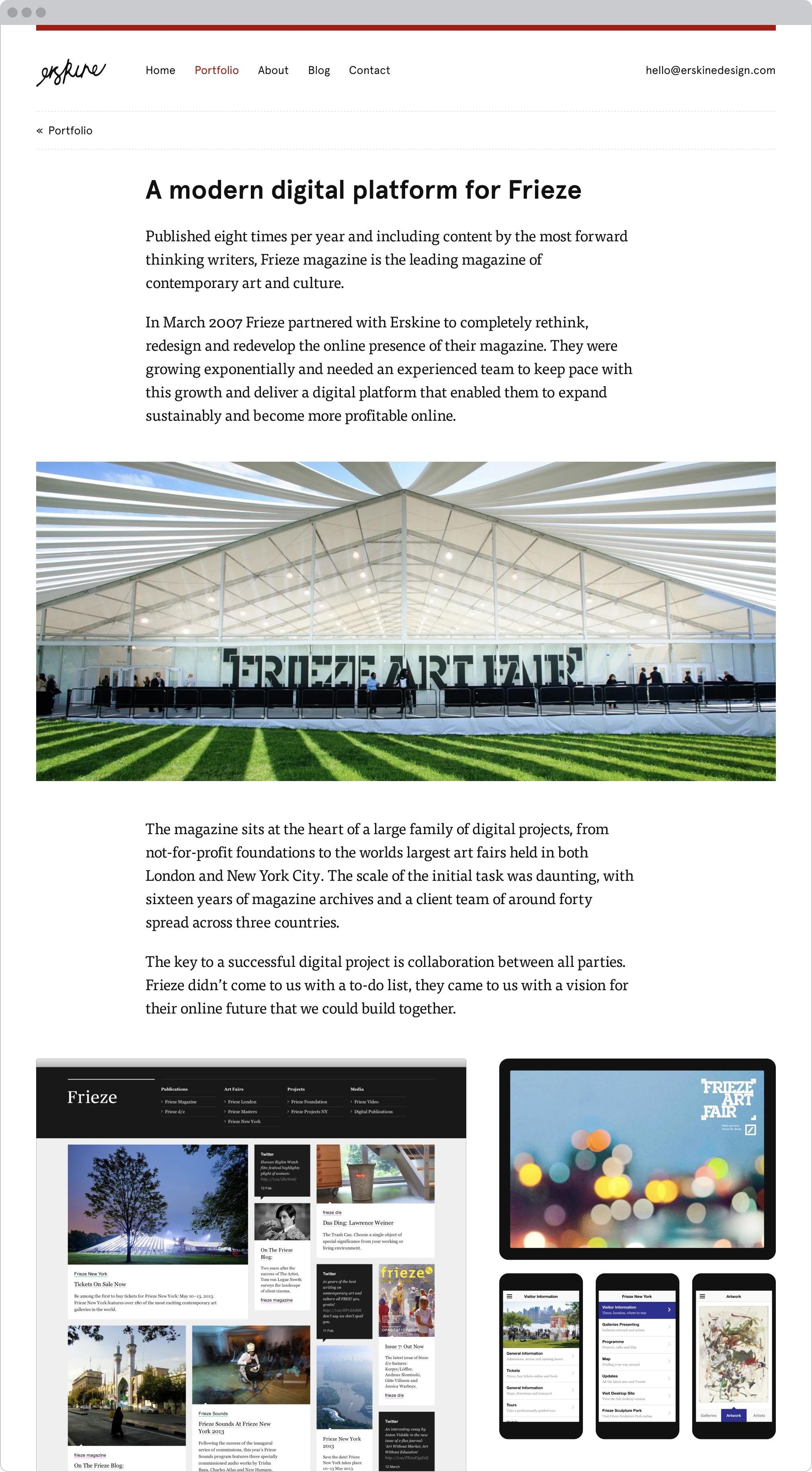 Screenshot of a Frieze case study from the Erskine Design website