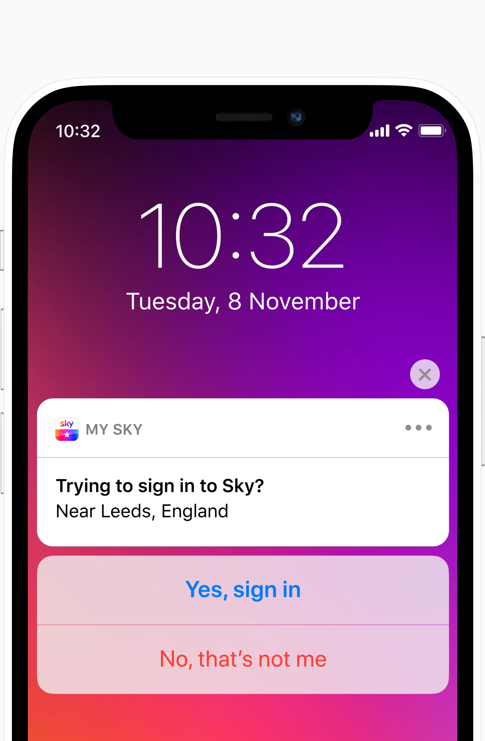 Mobile phone showing a notification asking the user if they are trying to sign in to Sky with 'yes, sign in' and 'no, that’s not me' options.