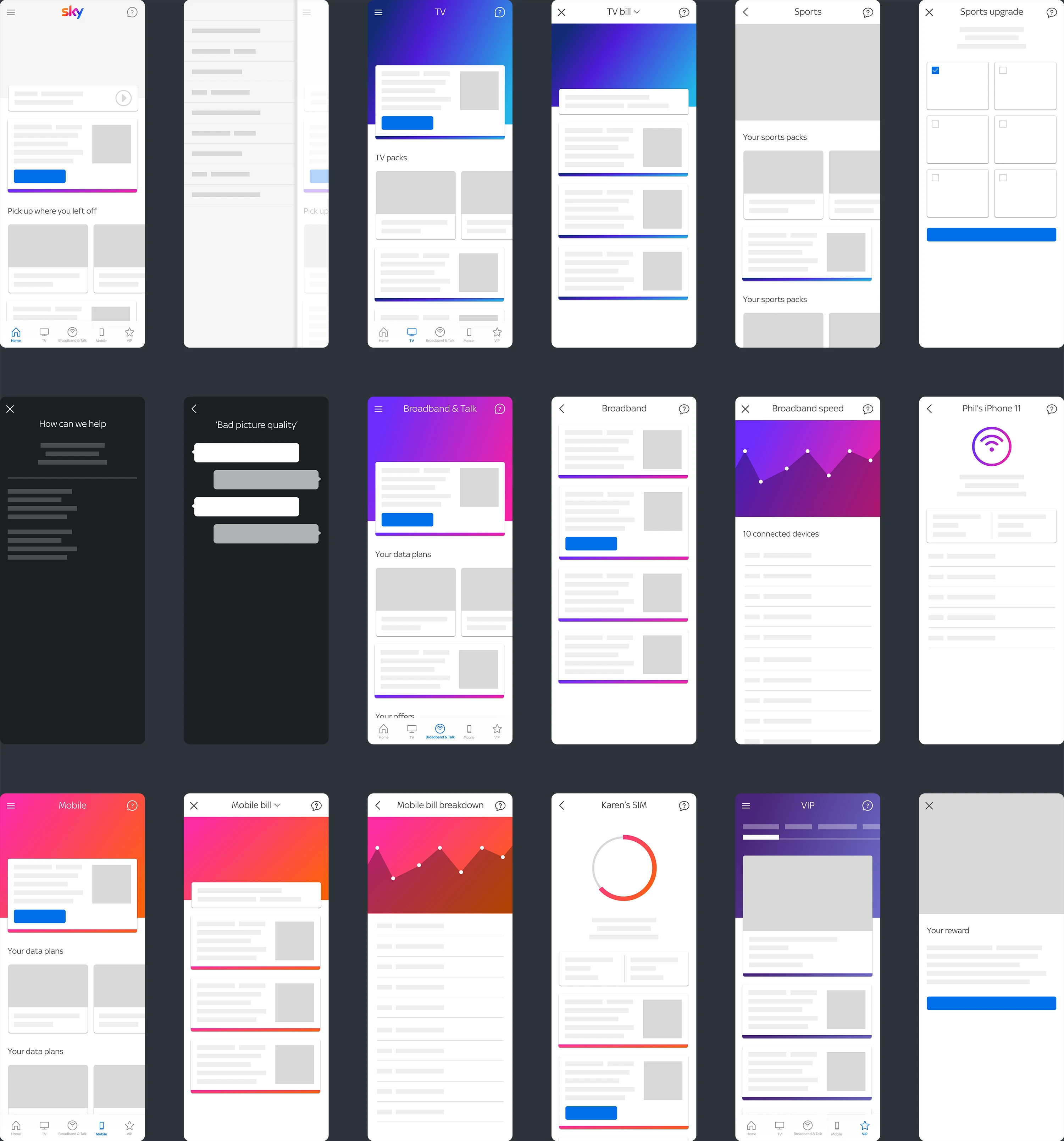 Collection of My Sky app wireframes