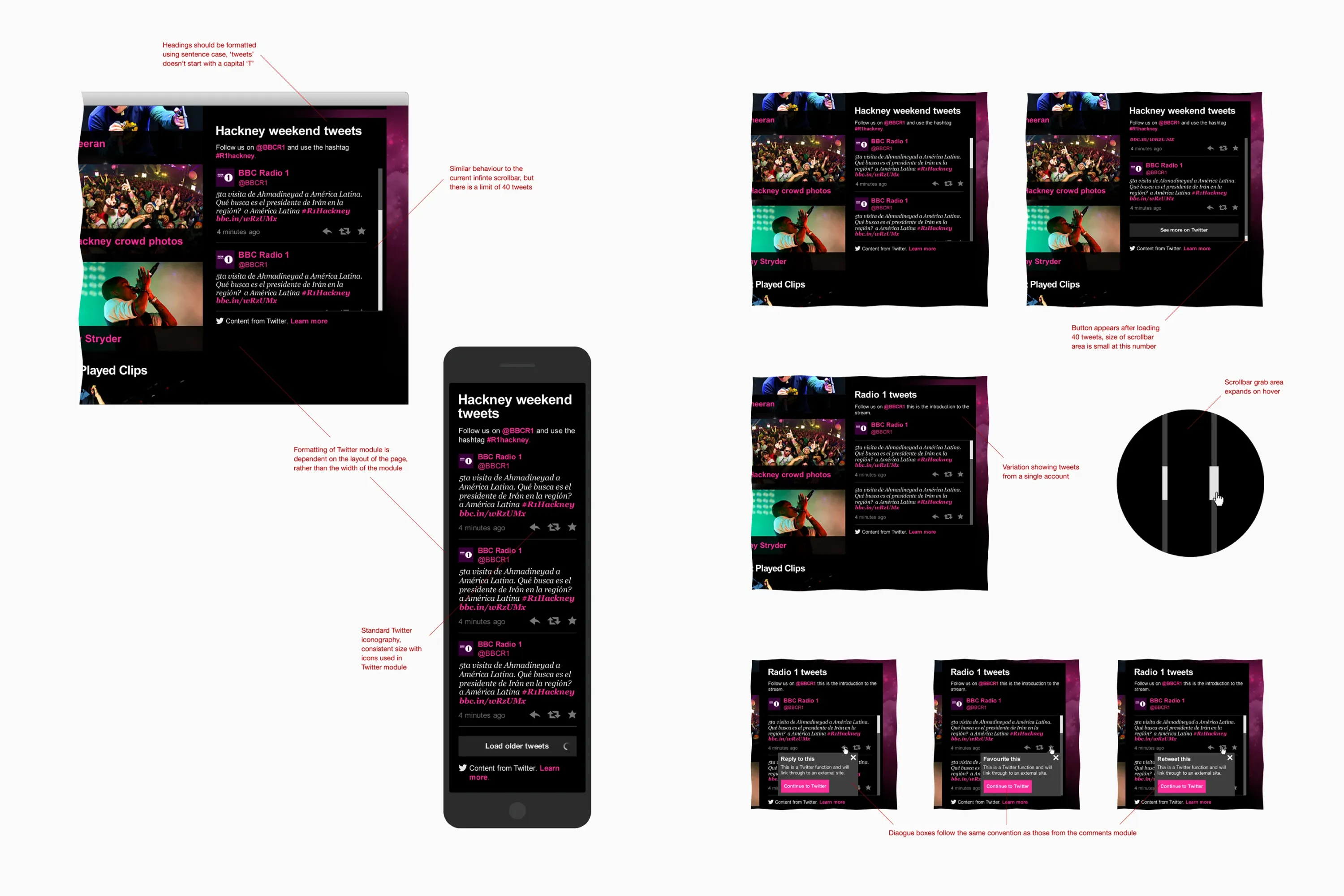 Design mockups for a BBC Hackney Weekend tweets module, showing various layouts, annotations, and a mobile view.
