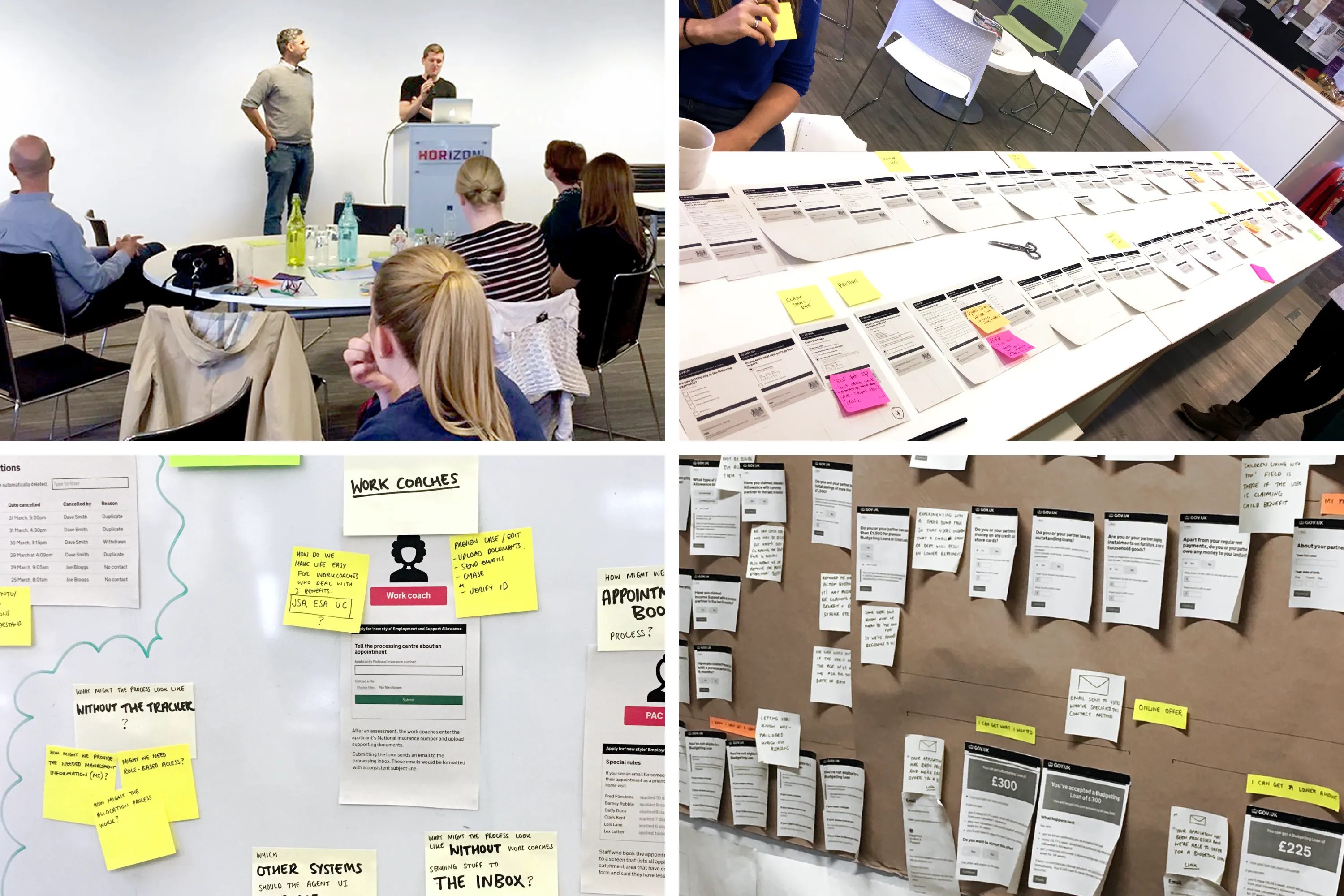 Four photos showing GOV.UK service design workshops and prototypes. Top left: a presenter speaking to seated participants. Top right: a table covered with paper prototypes and sticky notes. Bottom left: a whiteboard with sticky notes labelled “Work coaches” and related process steps. Bottom right: a brown wall covered in paper prototypes and handwritten notes.