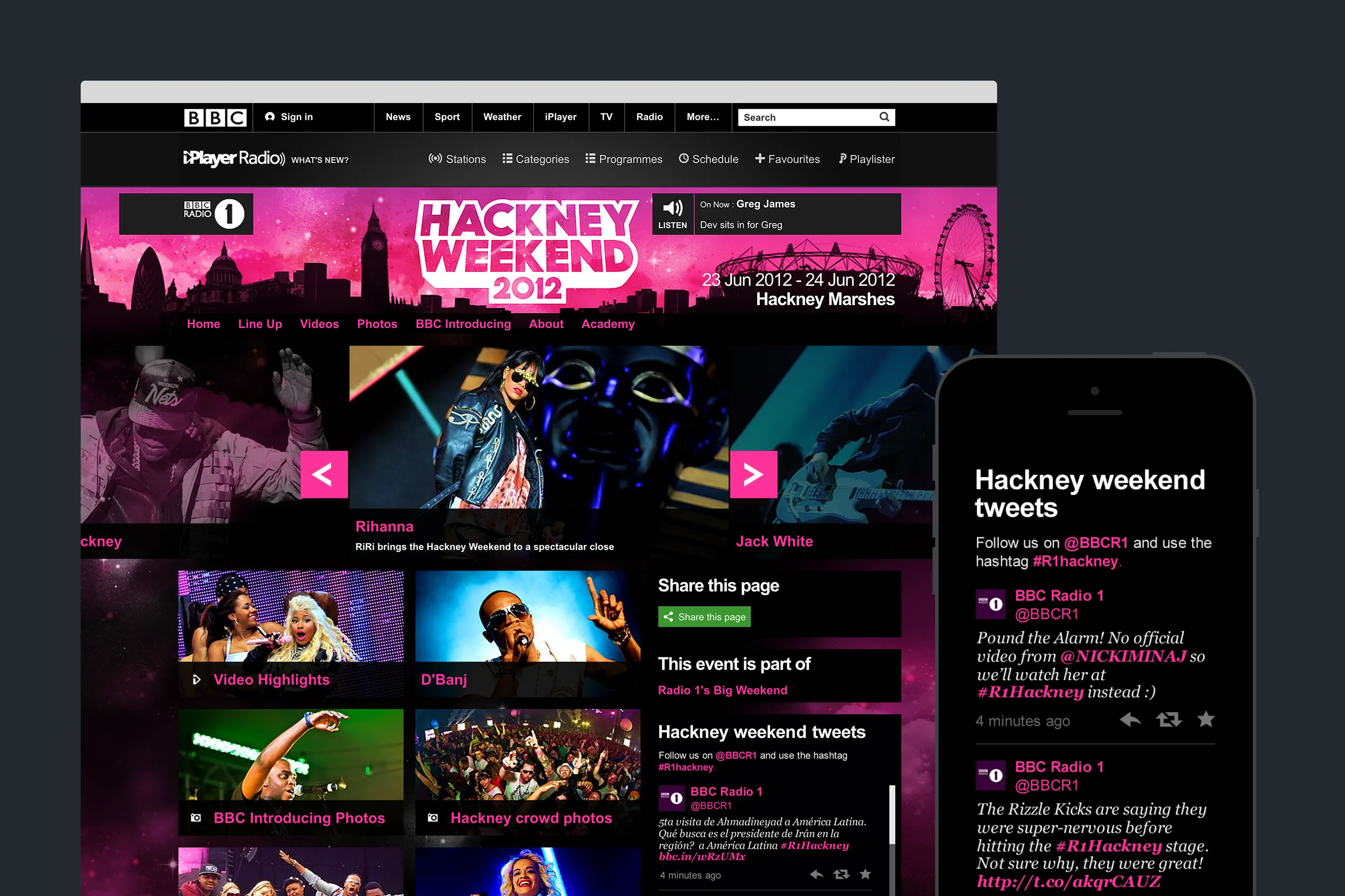 BBC Radio 1 Hackney Weekend 2012 event page with artist photos, event details, and a Twitter feed displayed on desktop and mobile.