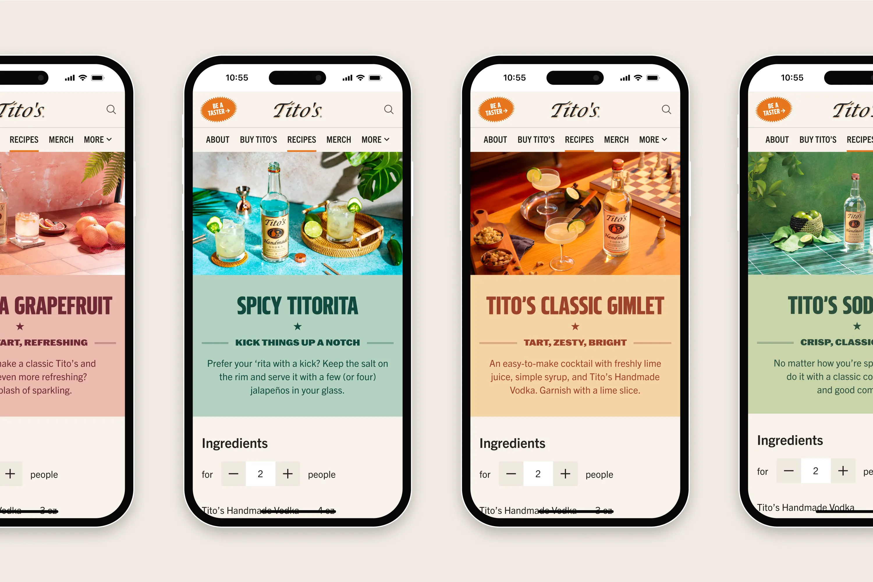 Four mobile cocktail recipe screens: Soda Grapefruit, Spicy Titorita, Classic Gimlet, and Soda, each with drink imagery and descriptions.