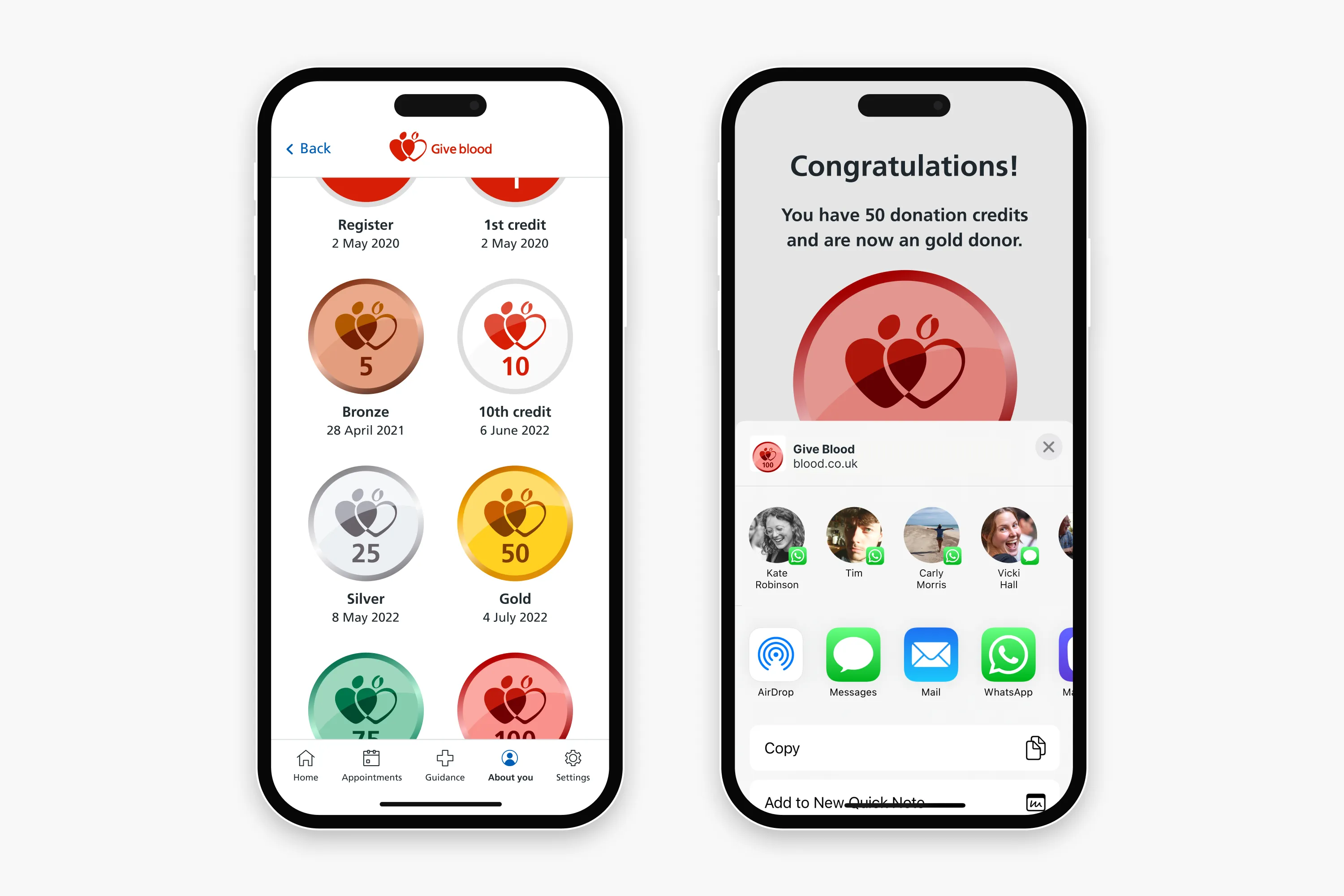Two mobile screens from the Give Blood app showing donor achievement badges and a “Congratulations” screen for reaching gold donor status.