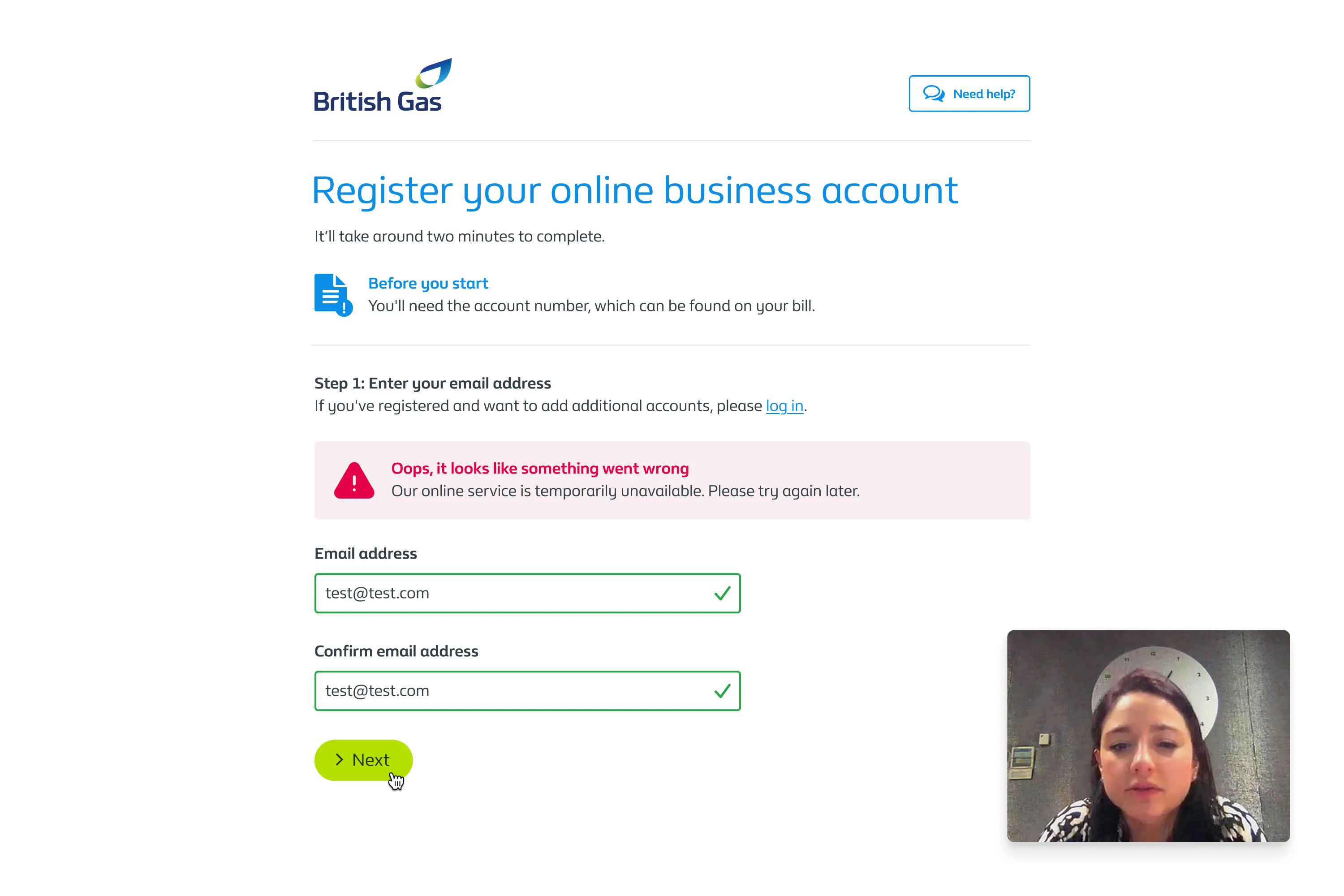 British Gas online business account registration page displaying an error message “Our online service is temporarily unavailable” with a person visible in a small video call window at the bottom right.