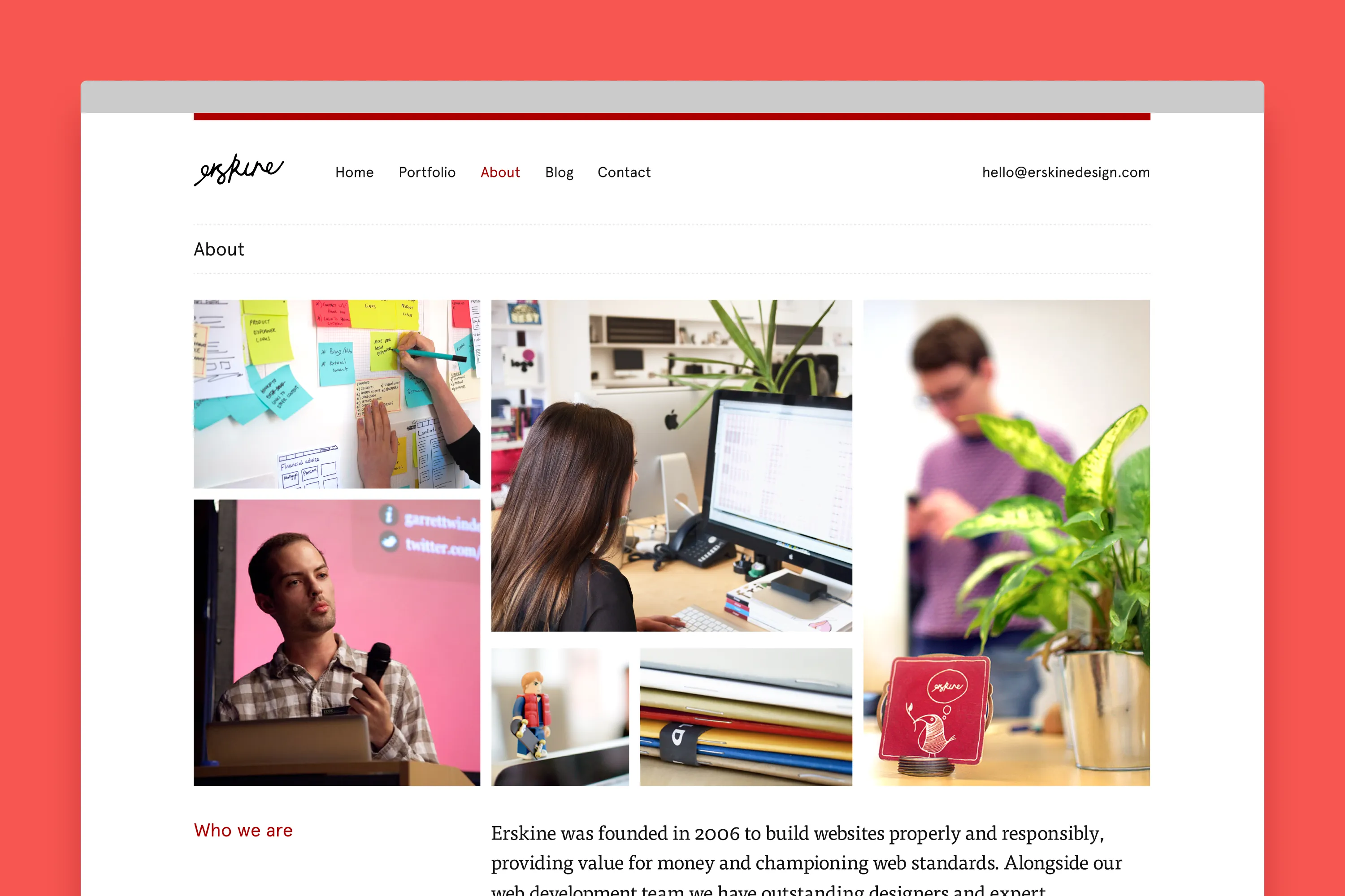 Erskine Design “About” webpage with a grid of office, event, and object photos above a company description.
