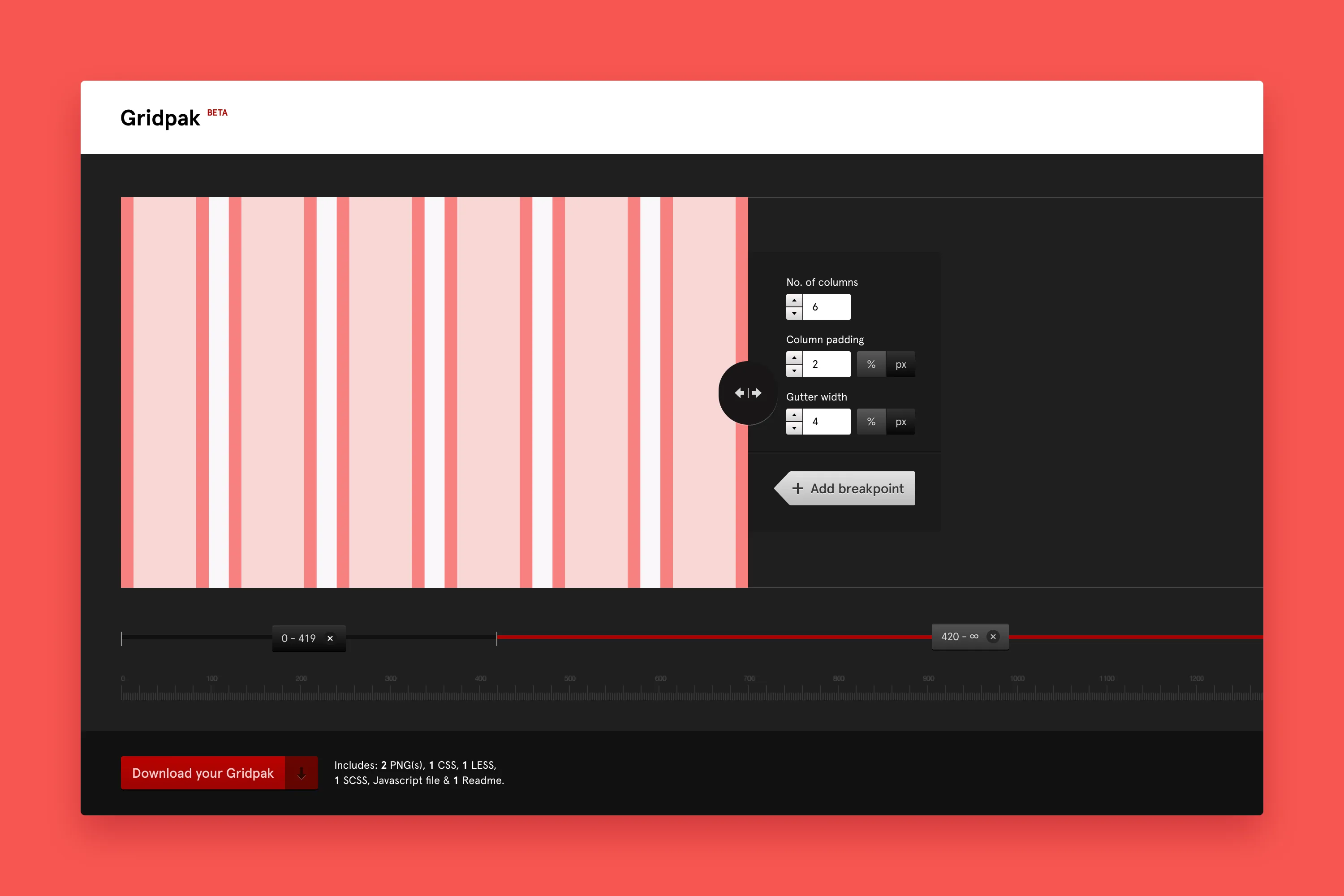 Gridpak interface showing a 6-column responsive grid setup with adjustable column padding and gutter width controls.