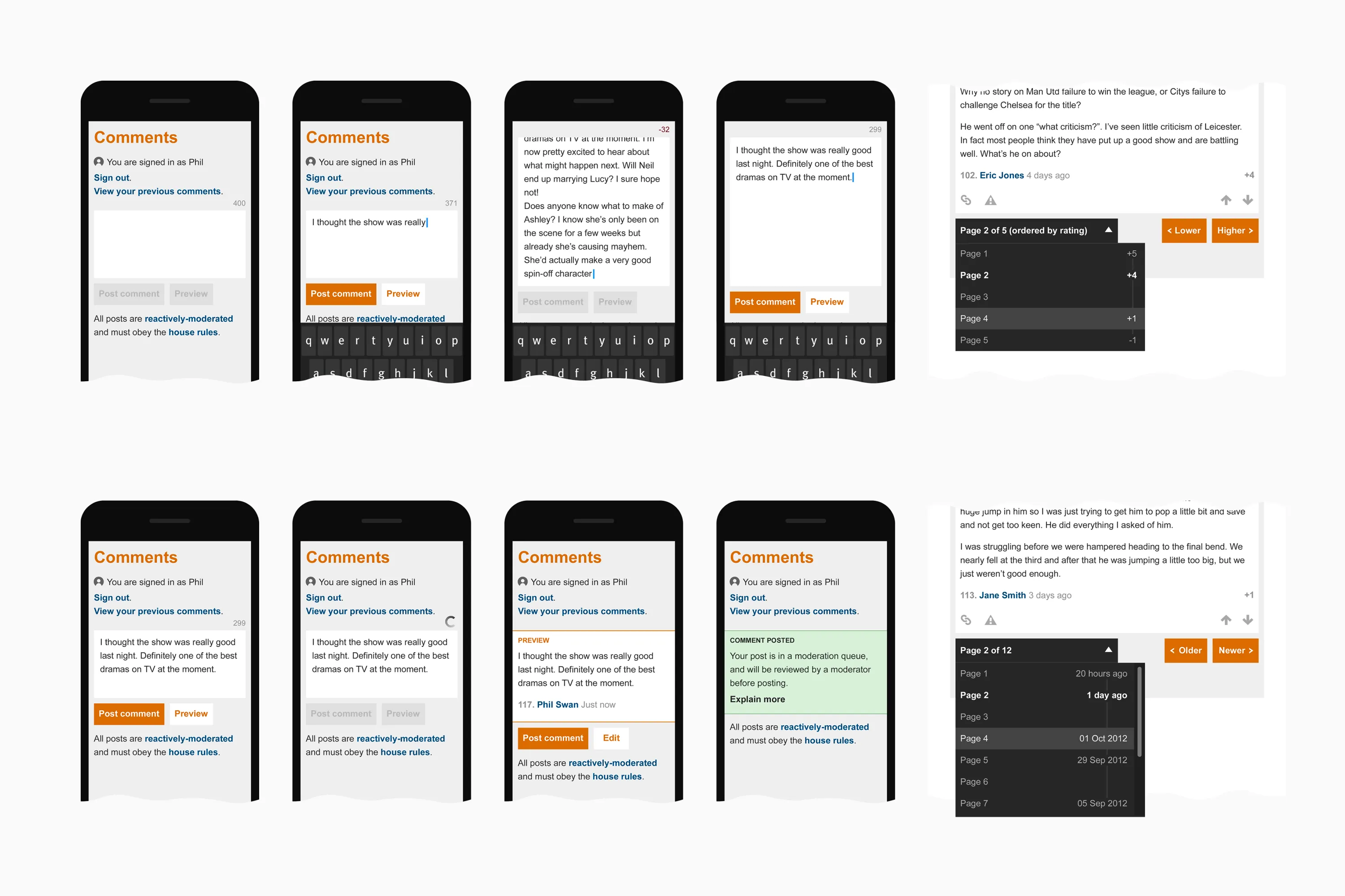 Sequence of mobile comment interface screens showing typing, character limits, previews, posting, and pagination controls.