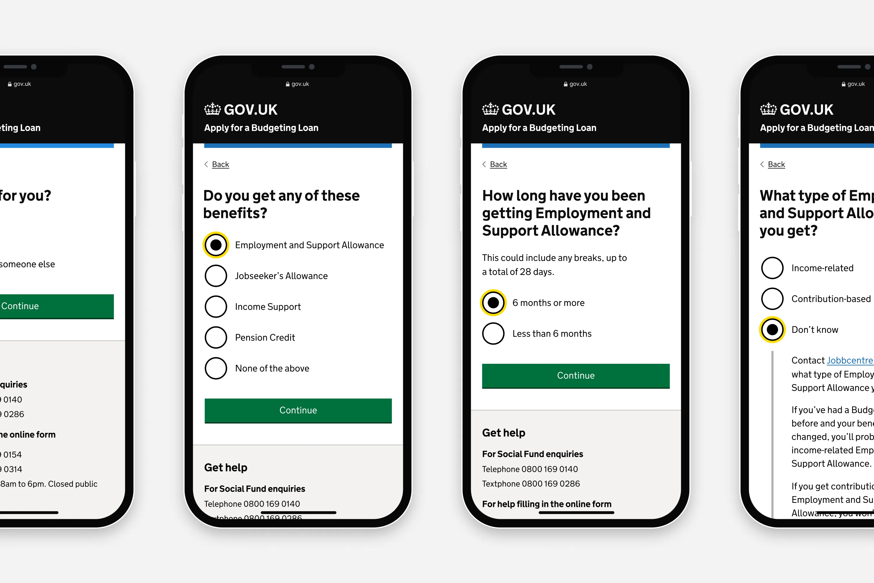 Four smartphone screens showing the GOV.UK “Apply for a Budgeting Loan” form. Screens display questions: “Do you get any of these benefits?”, “How long have you been getting Employment and Support Allowance?”, and “What type of Employment and Support Allowance do you get?”. Answer options are shown with radio buttons, one selected per screen.