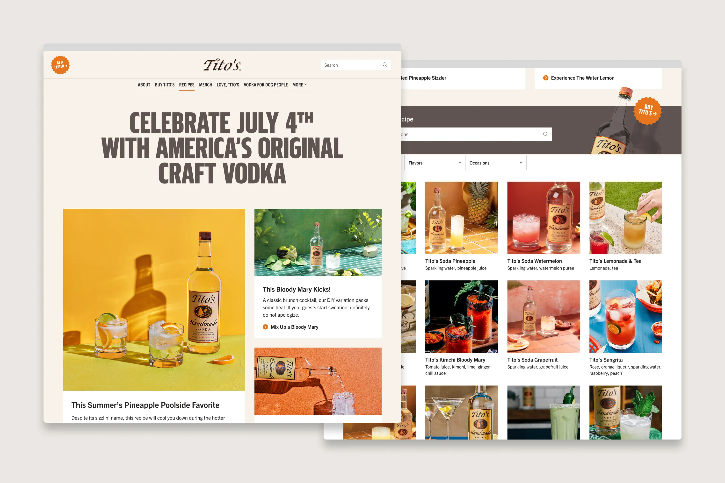 Two overlapping Tito’s site pages: July 4th hero with cocktails and recipes on the left, recipe browsing grid on the right.