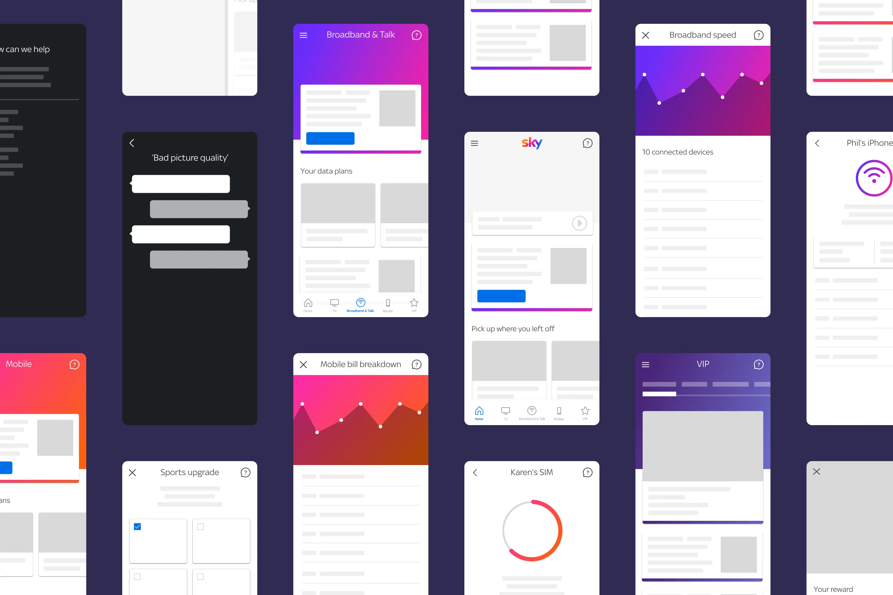 Collage of Sky app interface designs across broadband, mobile, sports, billing, and rewards features.