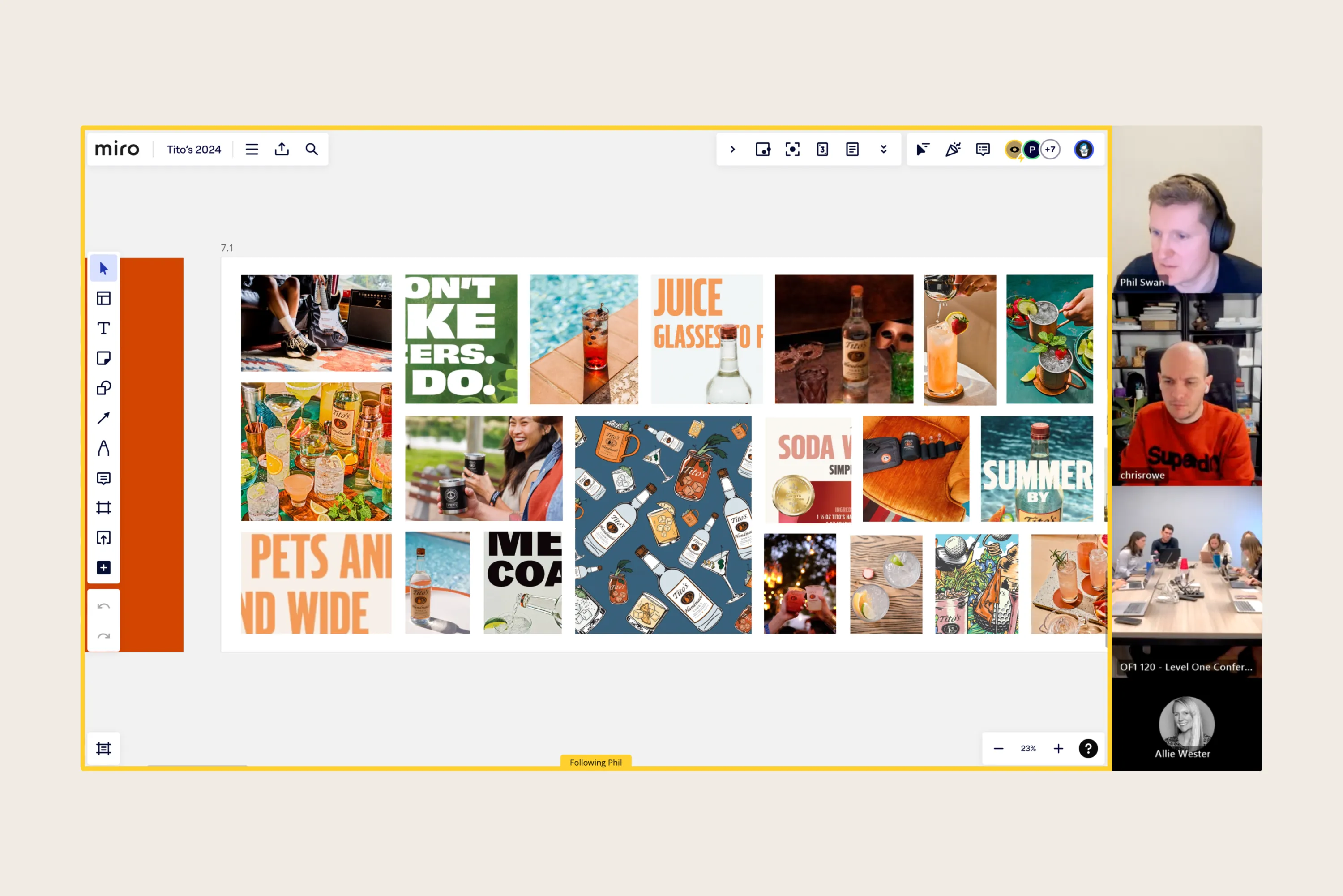 Miro board titled “Tito’s 2024” showing a grid of Tito’s-themed images, including bottles, cocktails, graphics, and lifestyle shots, with a video call panel on the right displaying four participants.