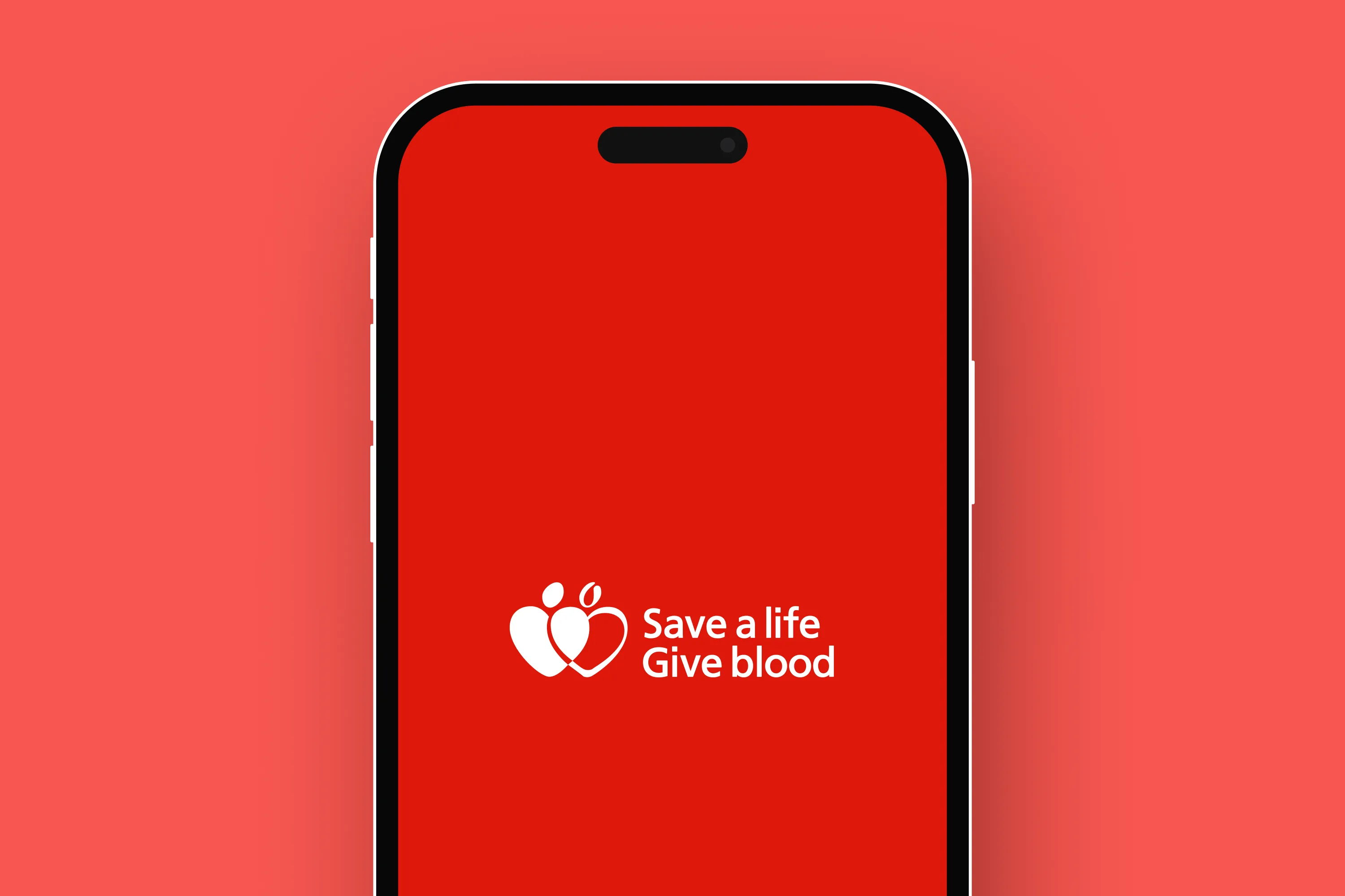 Smartphone screen with a red background displaying the “Save a life, Give blood” logo and message in white.