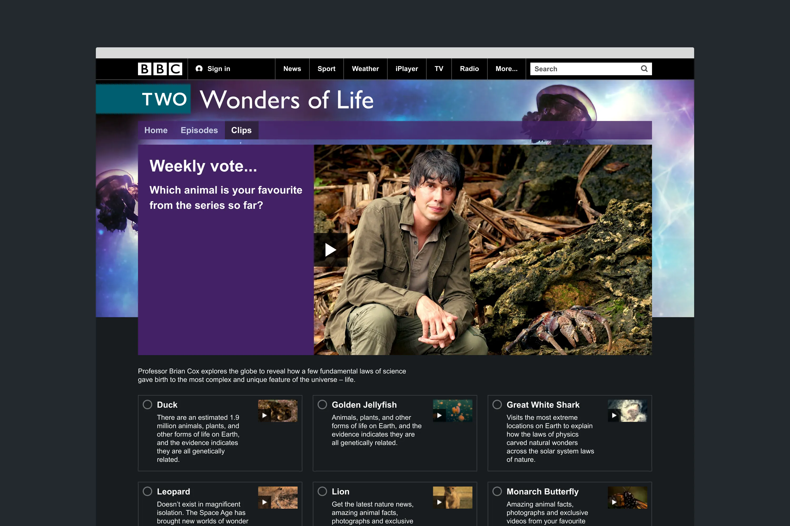 BBC Two Wonders of Life webpage showing a “Weekly vote” panel asking viewers to choose their favourite animal, with Brian Cox seated beside a coconut crab.
