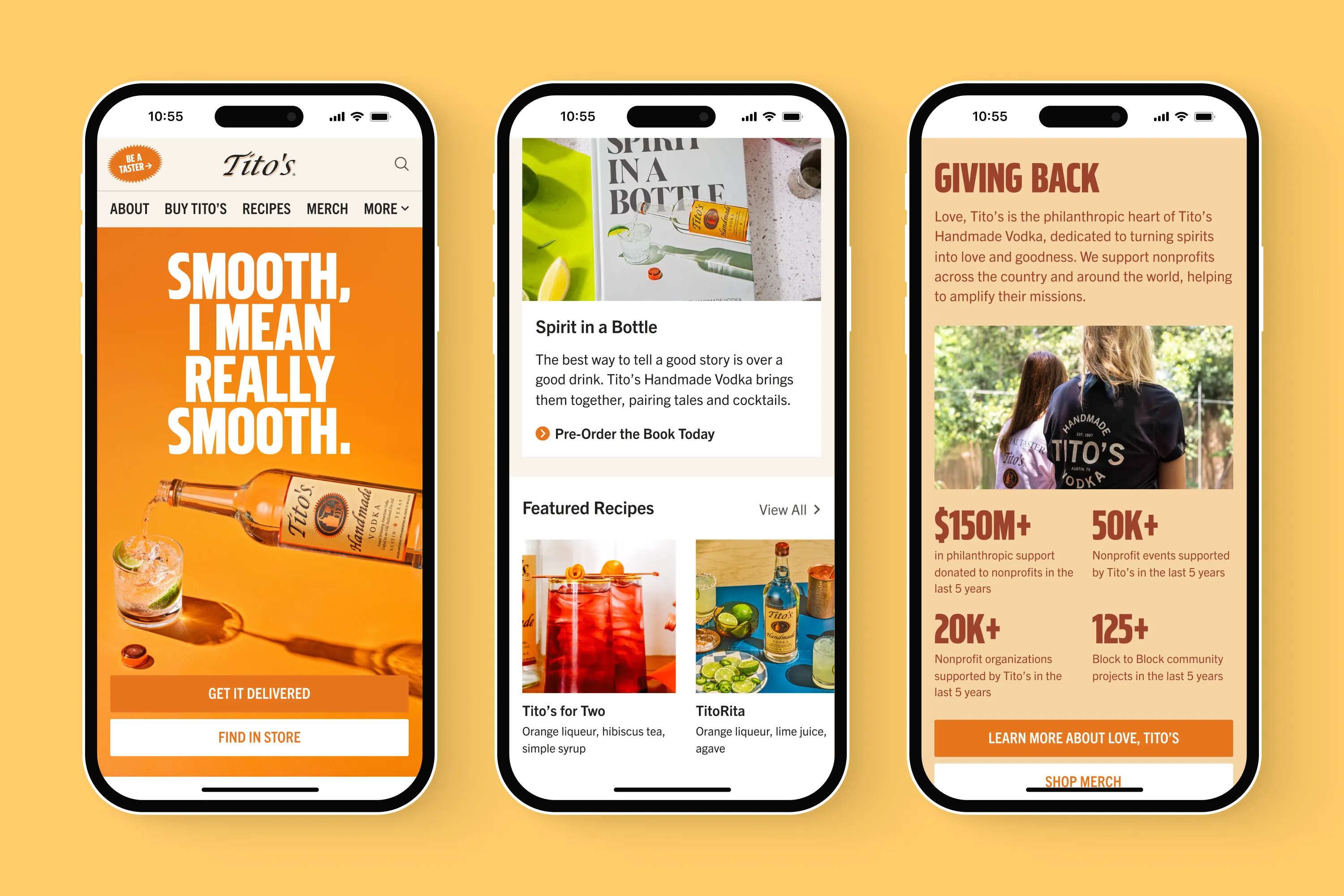 Three mobile screens showing Tito’s site: 'Smooth, I mean really smooth' hero, Spirit in a Bottle promo, and Giving Back stats with photo of two women.