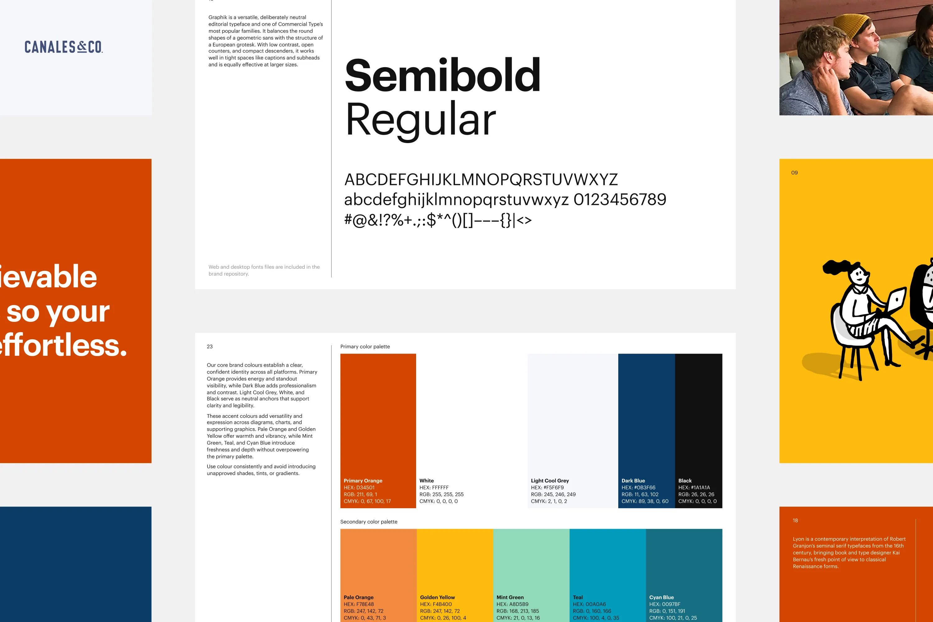 Brand style guide. Layout with Graphik font samples, primary and secondary color palettes, brand usage notes, and supporting imagery.