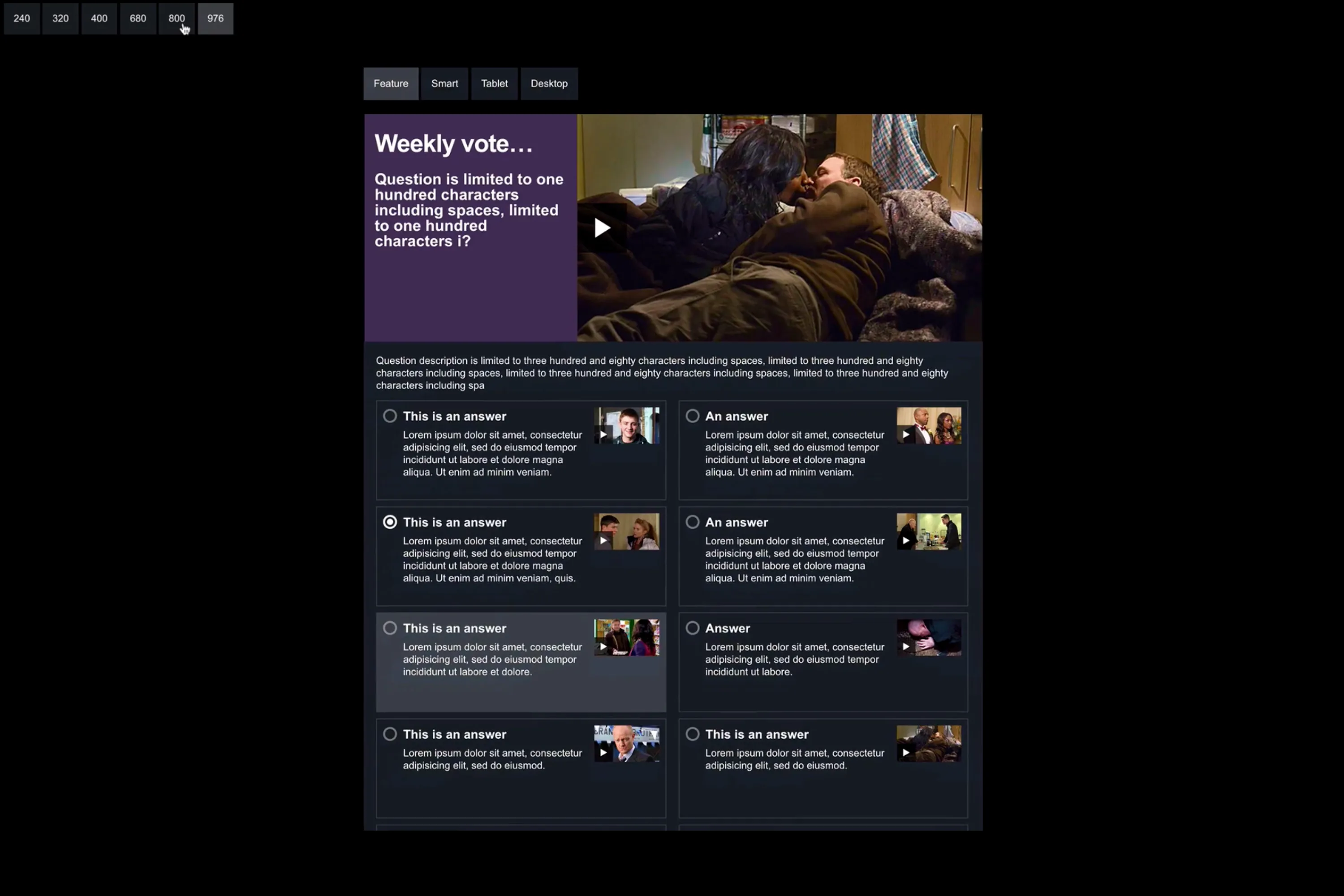 BBC “Weekly vote” interface mockup with placeholder question, answer options, and character limits displayed on desktop layout.