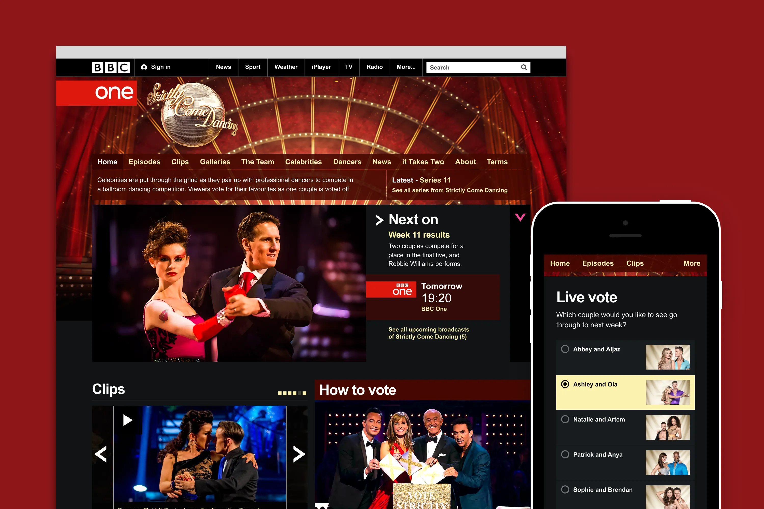 BBC One Strictly Come Dancing webpage with next episode details, clips, and a mobile live voting interface showing dance couples.
