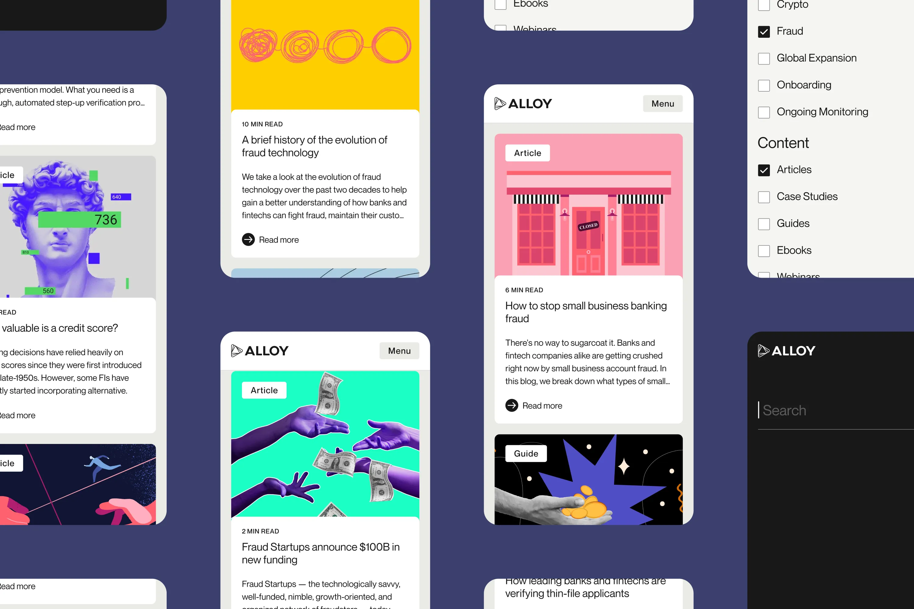 Mobile UI screens showing Alloy articles on fraud, including illustrated covers and category filters.