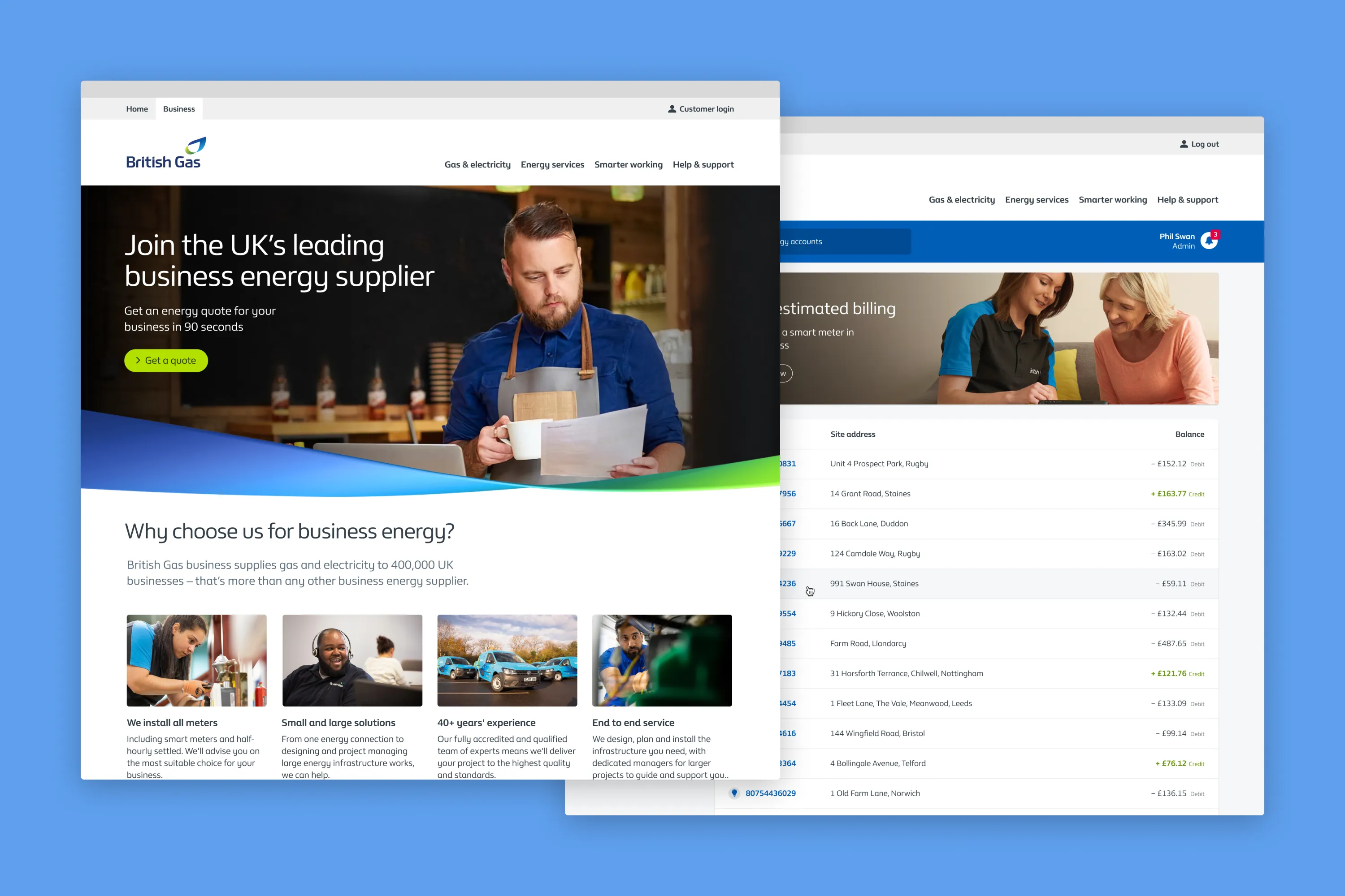 Overlapping screenshots of British Gas business energy web pages showing a promotional landing page and an account billing dashboard.