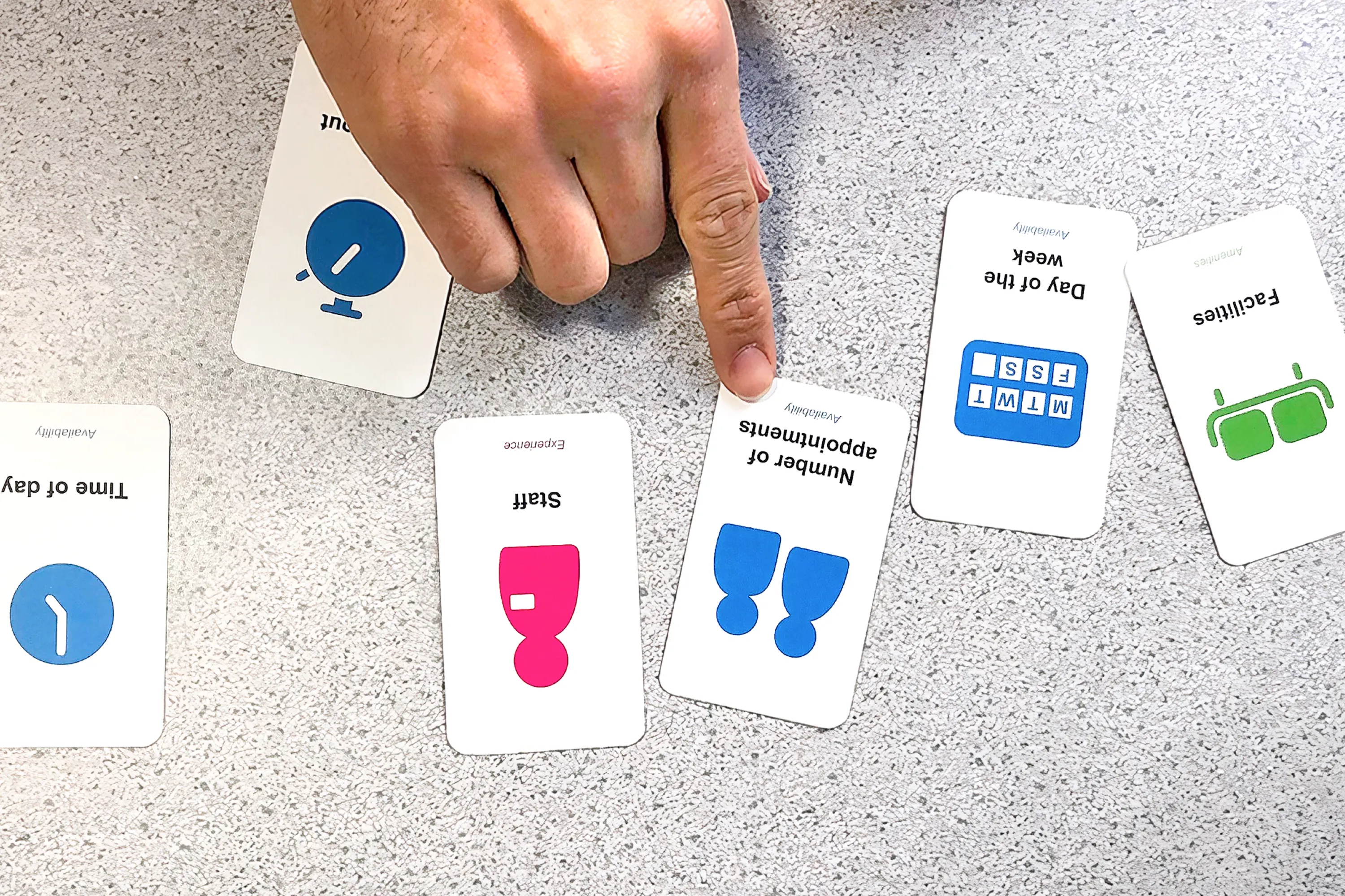 Close-up of a hand pointing at a “Number of appointments” card among other coloured cards laid out on a table.