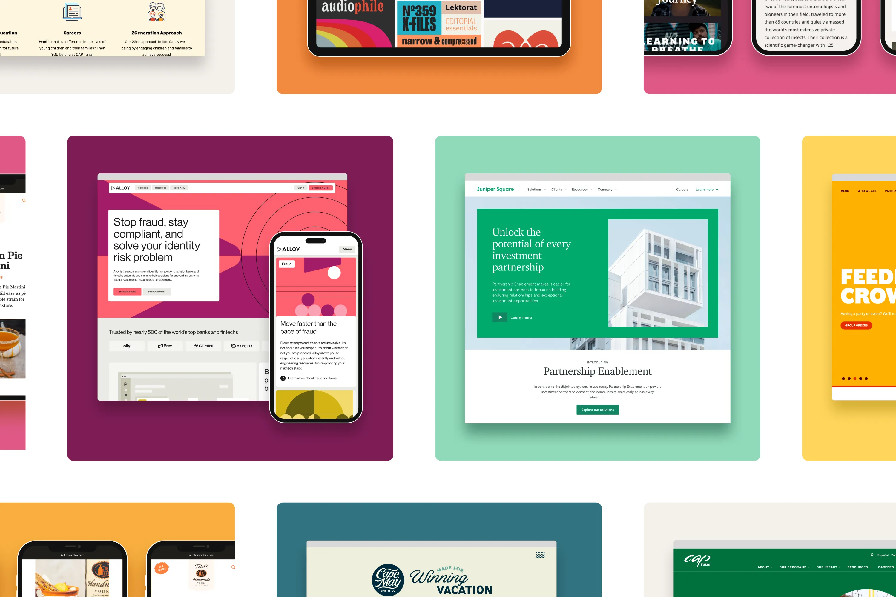 Website portfolio grid. Colourful tiled layout with desktop and mobile mockups, including Alloy in pink and yellow and Juniper Square in green and white.