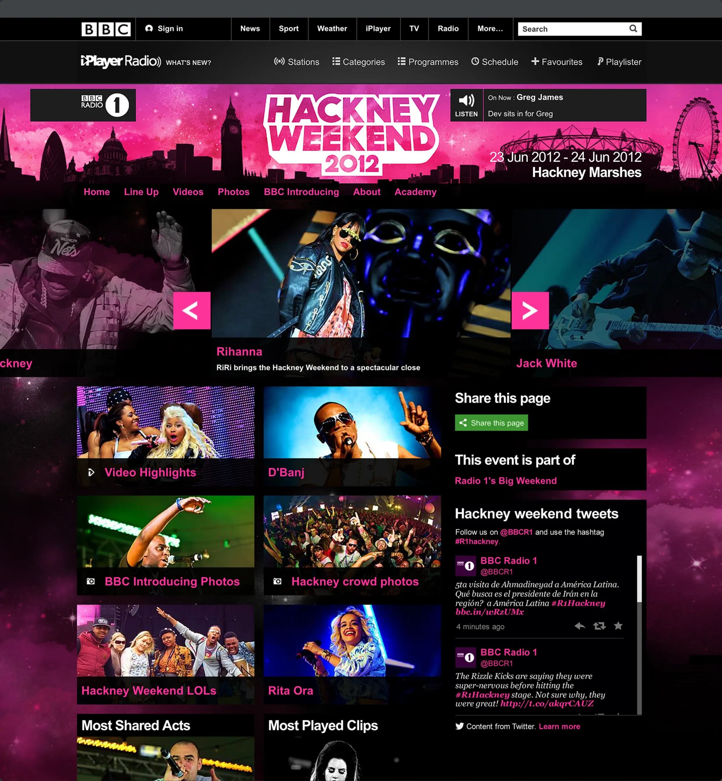 Screenshot of the BBC Hackney Weekend website showing the Twitter module in context