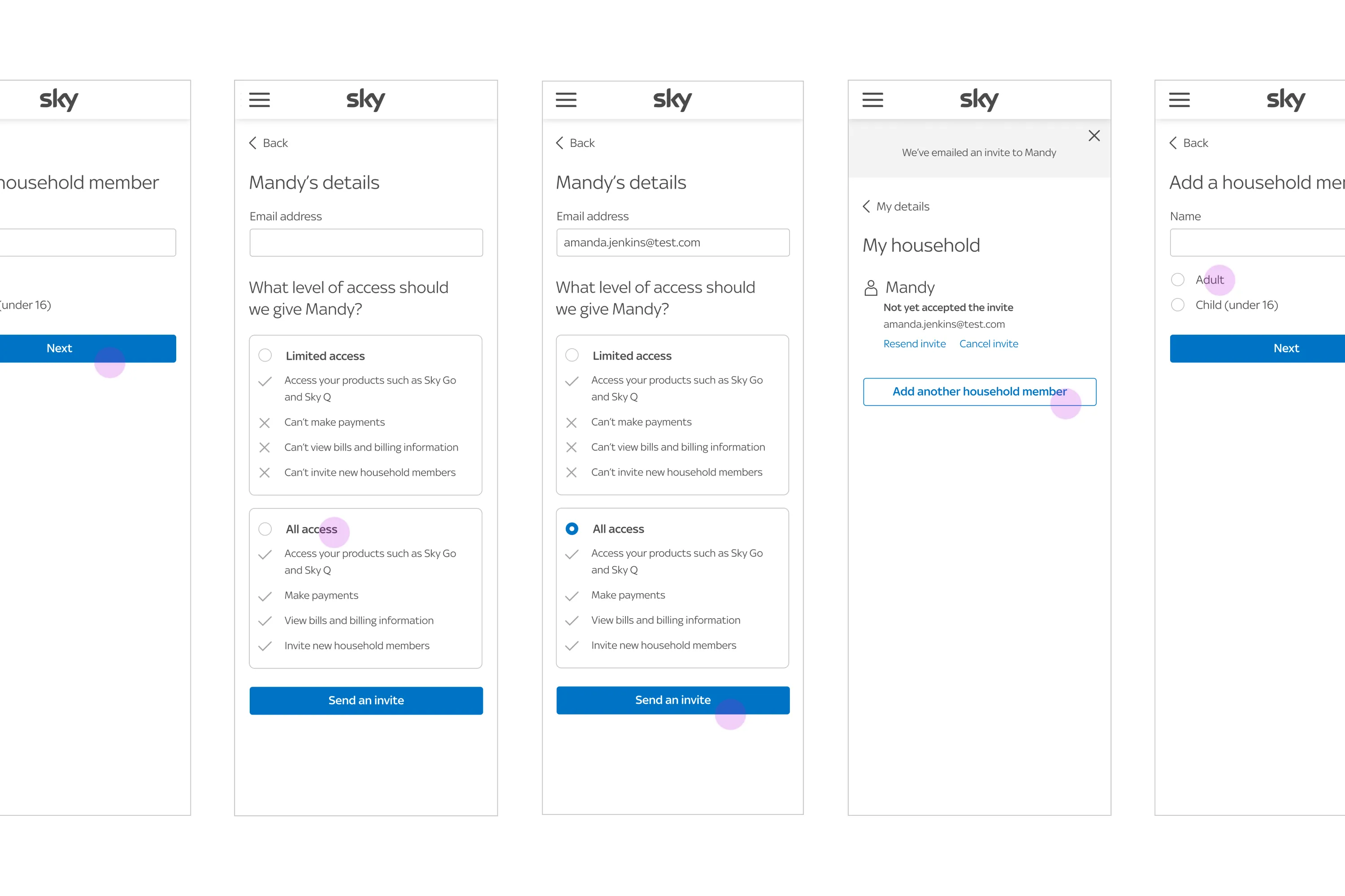 Mobile UI flow for adding a household member in the Sky app, from entering details to sending an invite and viewing status.