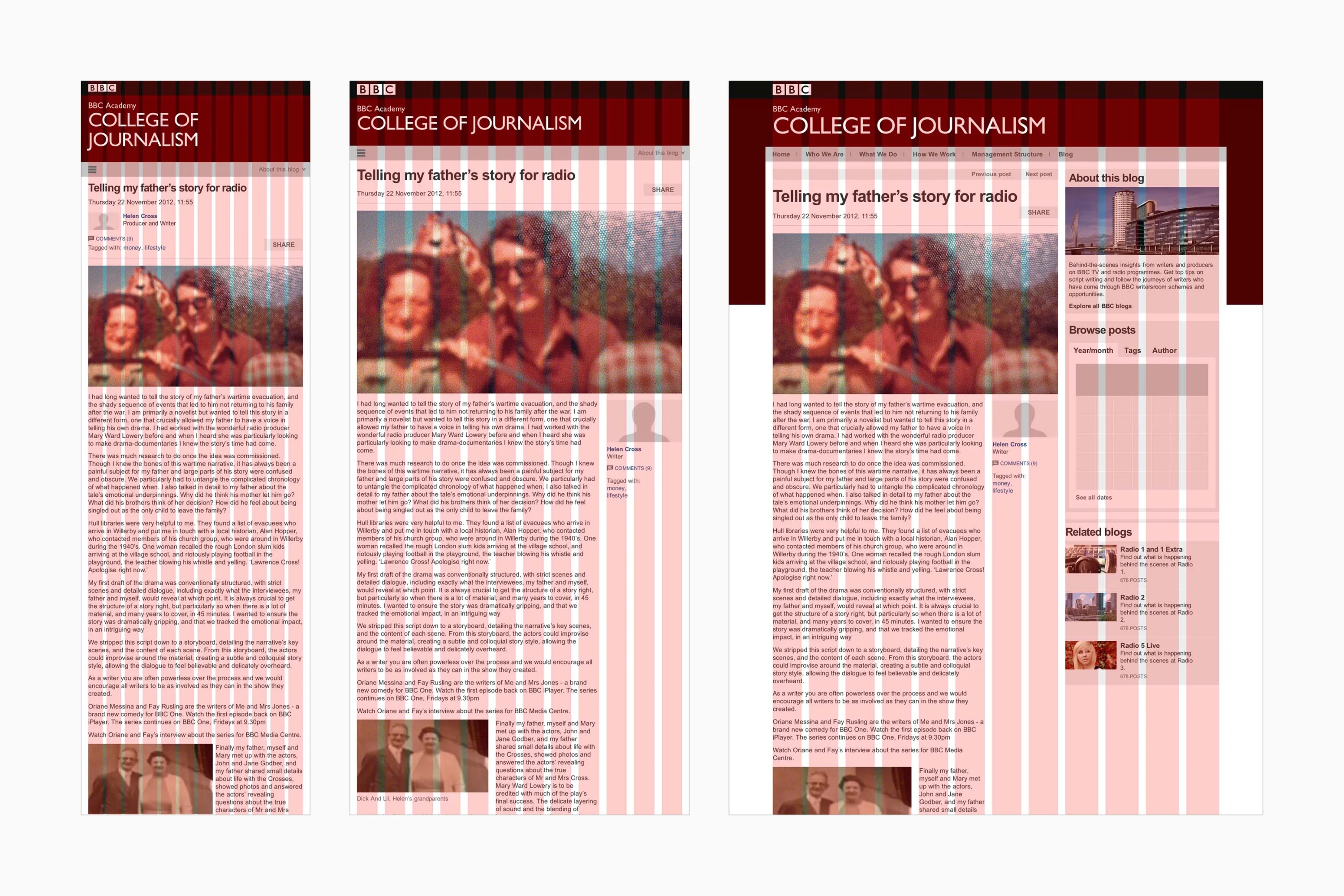 BBC College of Journalism webpage displayed in three responsive layouts over a red grid overlay showing alignment and spacing.