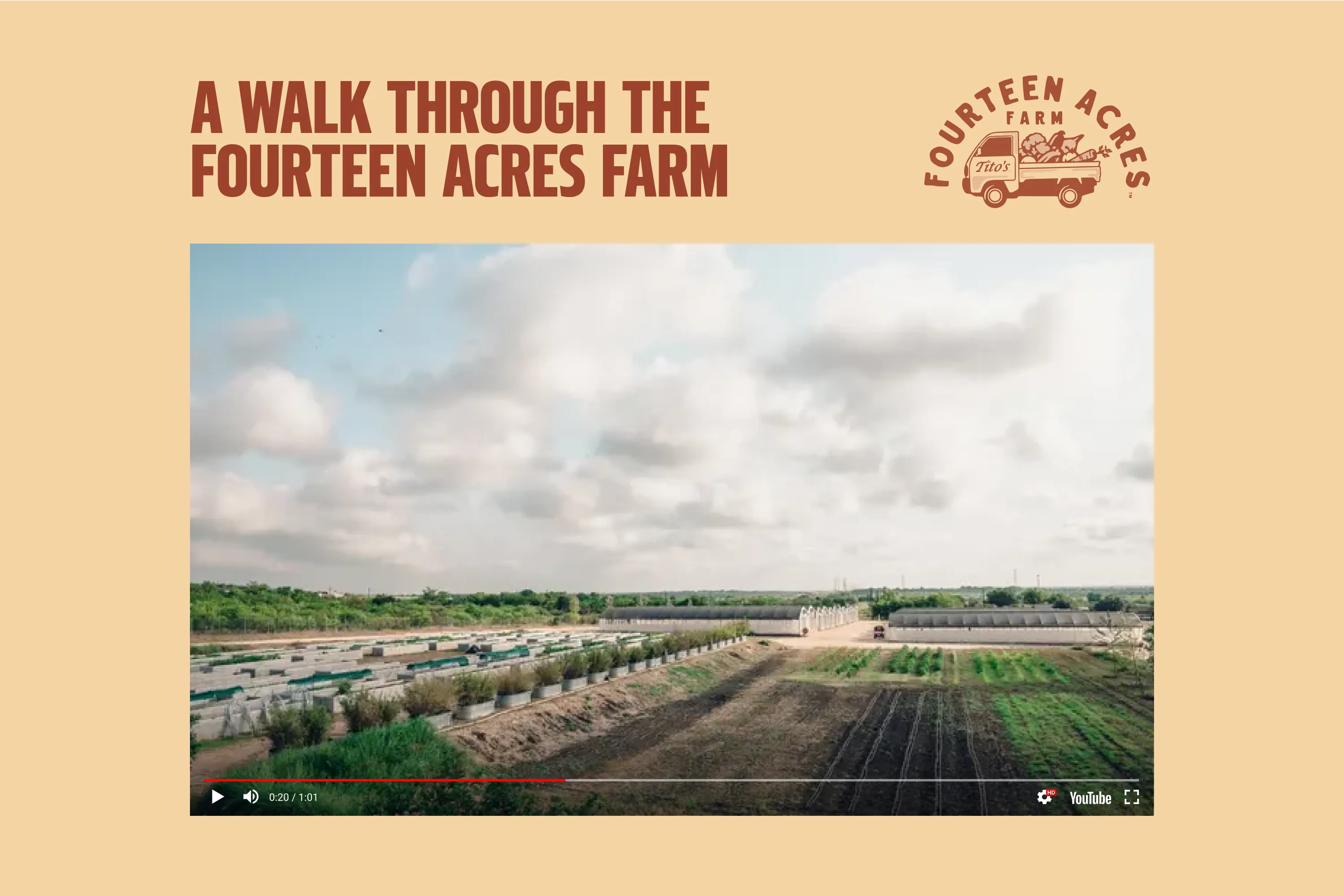 Video still titled 'A Walk Through the Fourteen Acres Farm' showing crop rows, greenhouses, and farmland under a cloudy sky.