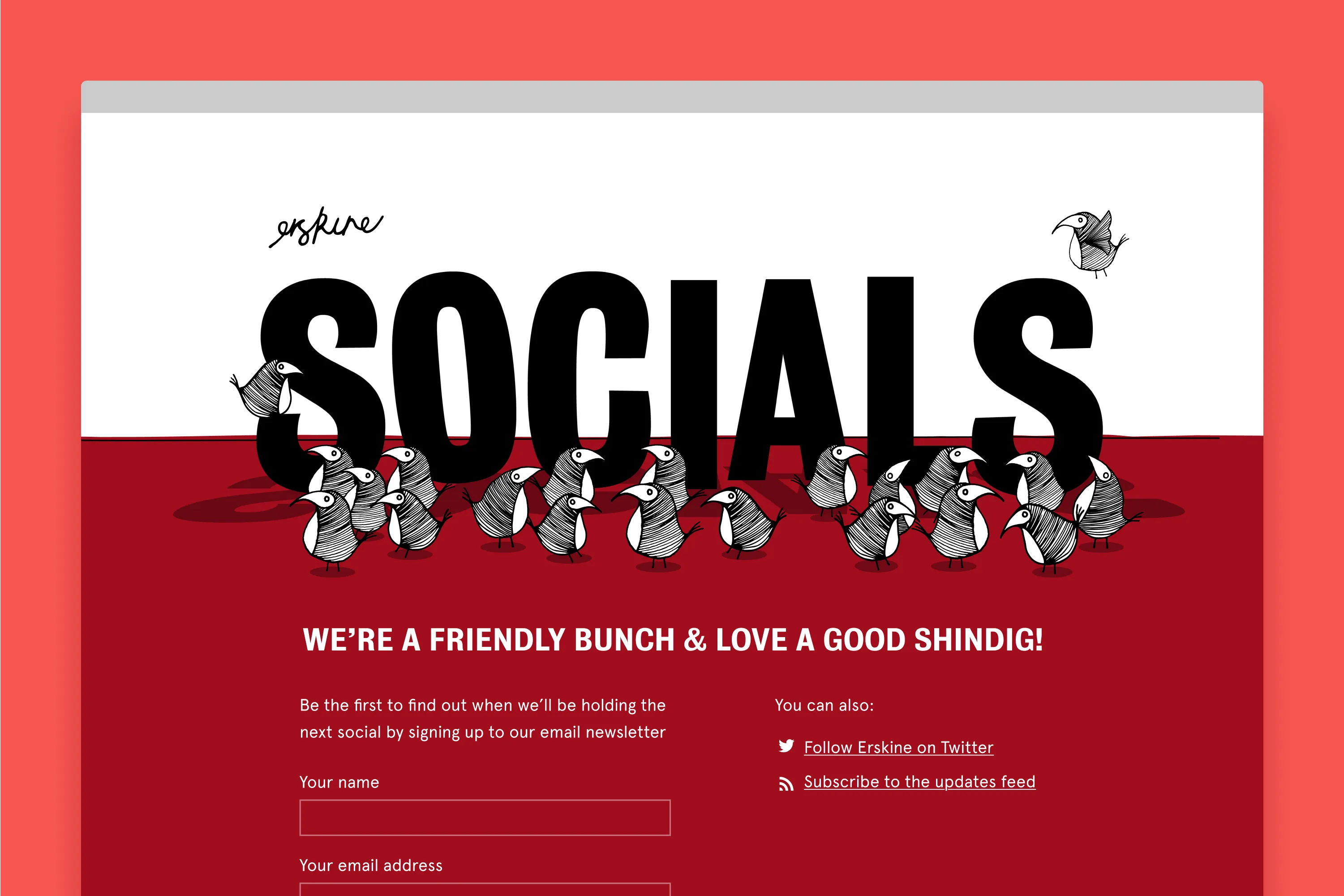 Erskine Design “Socials” webpage with illustrated birds around bold “SOCIALS” text and a sign-up form.