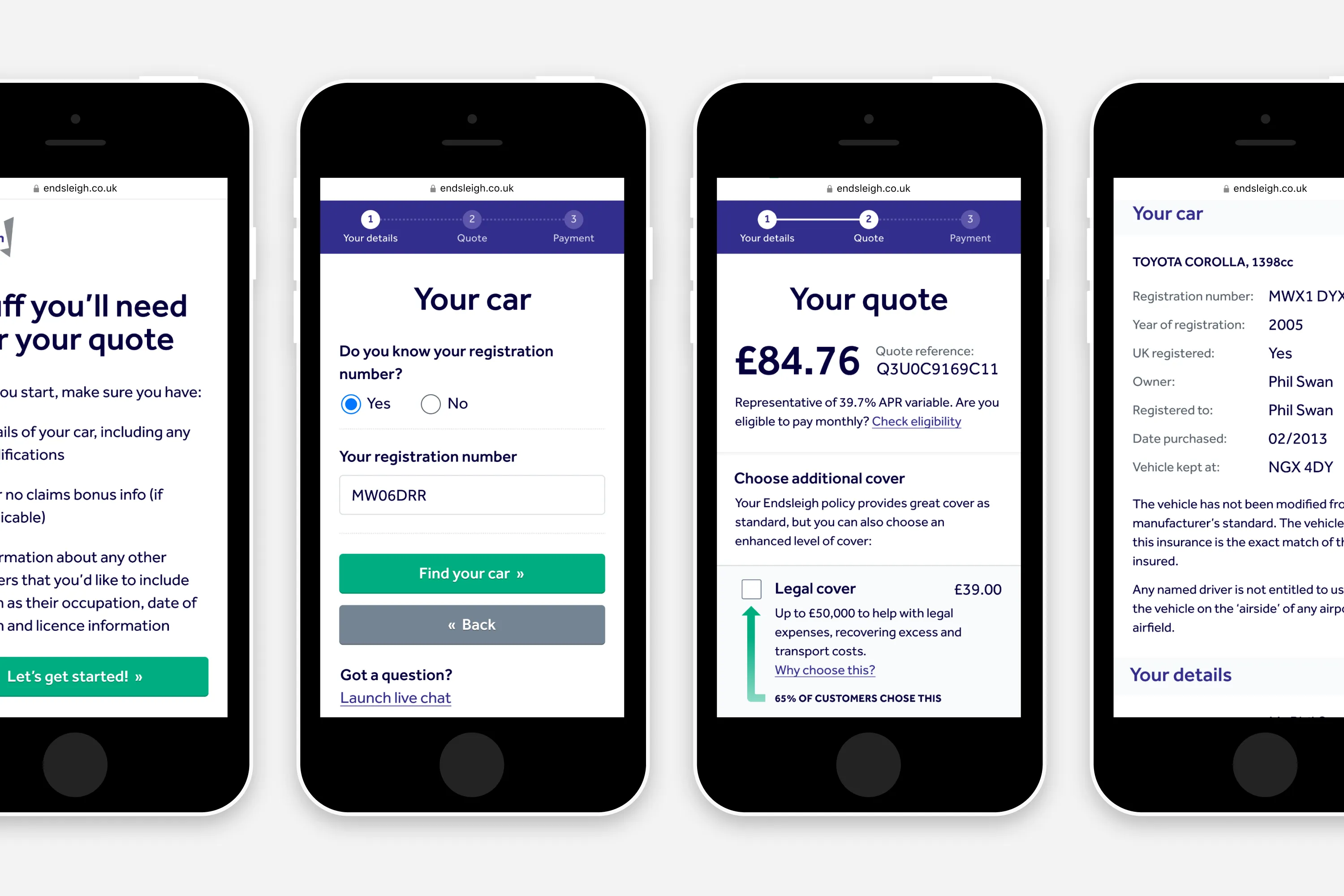 Four mobile screens showing the Endsleigh car insurance quote journey from requirements list to vehicle details entry, quote display, and car information.
