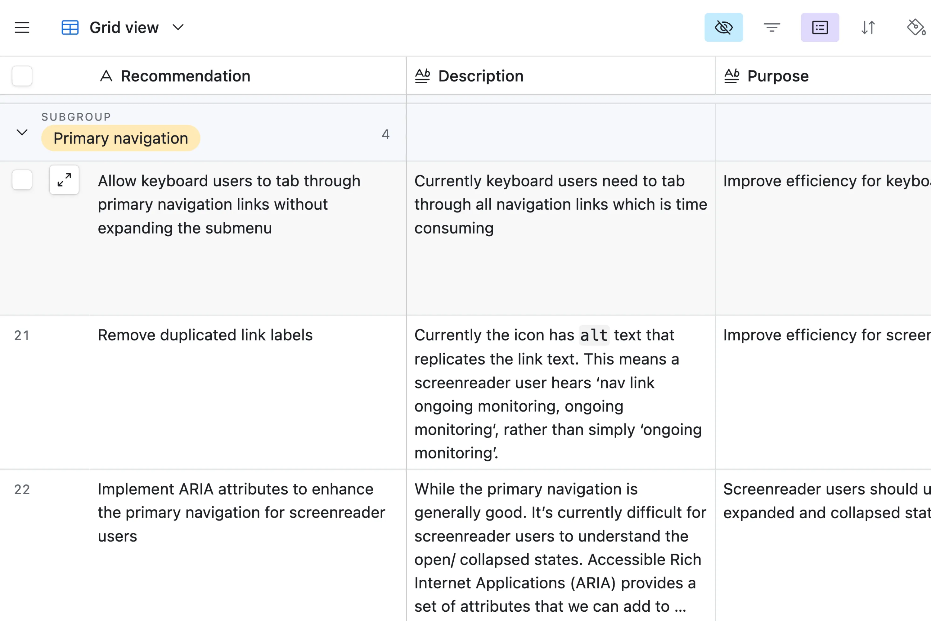 Spreadsheet of accessibility recommendations for Alloy’s primary navigation, with descriptions and purposes.