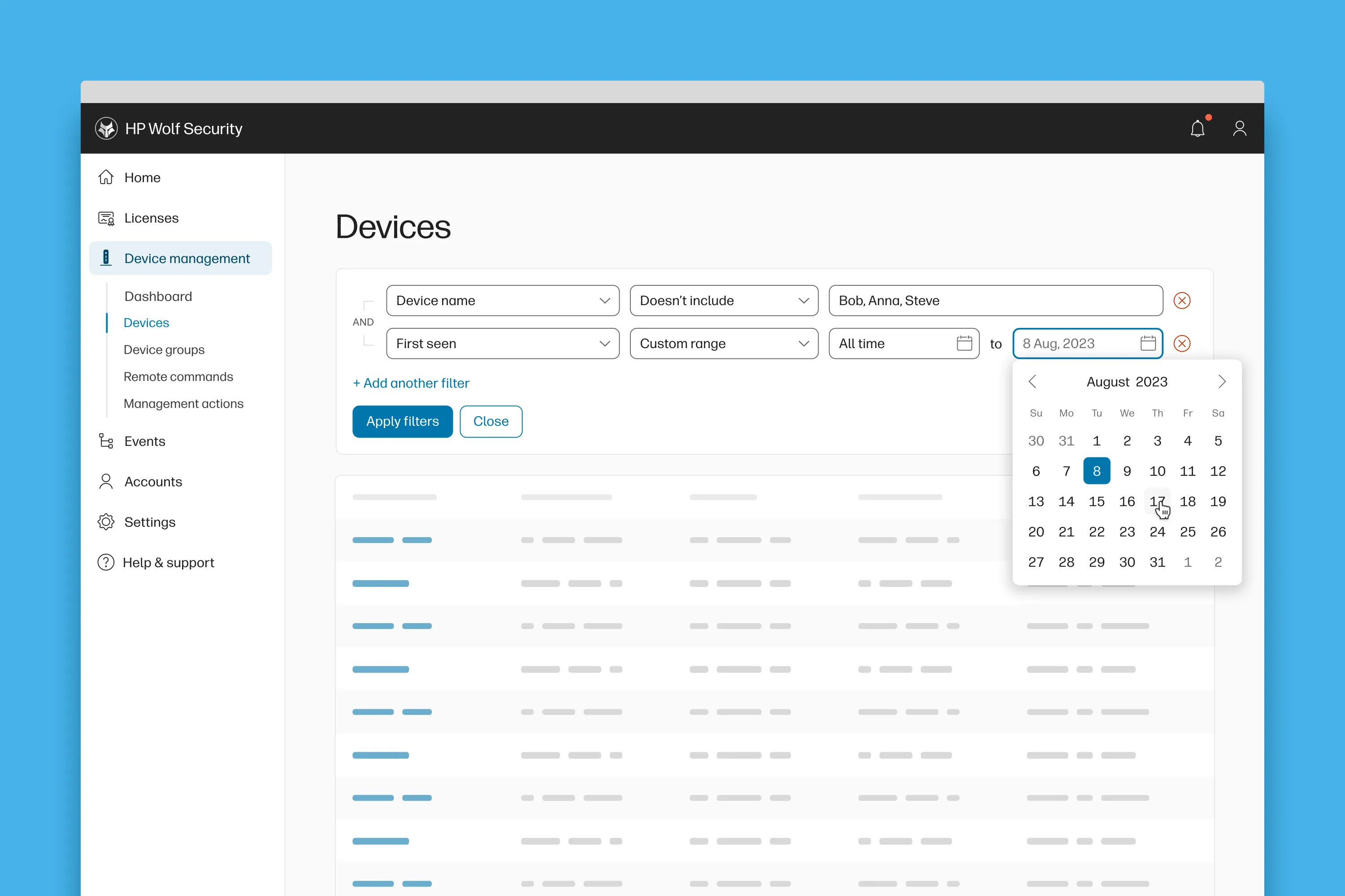 HP Wolf Security Devices page showing filters for “Device name” and “First seen” with a custom date range picker open to August 2023.