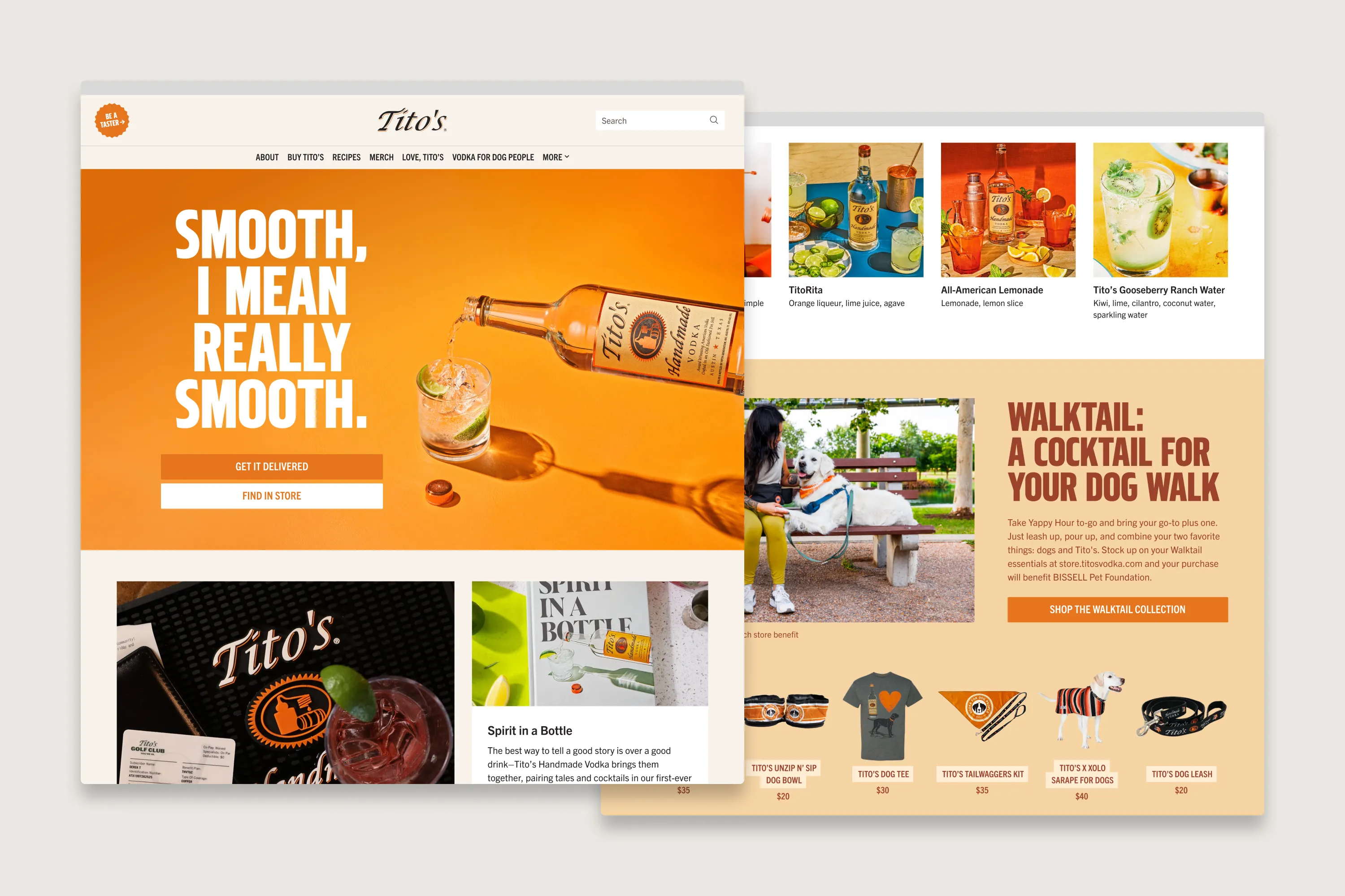 Two overlapping Tito’s site screenshots showing Smooth hero, cocktail recipes, Walktail dog-walk promo, and branded pet merchandise.