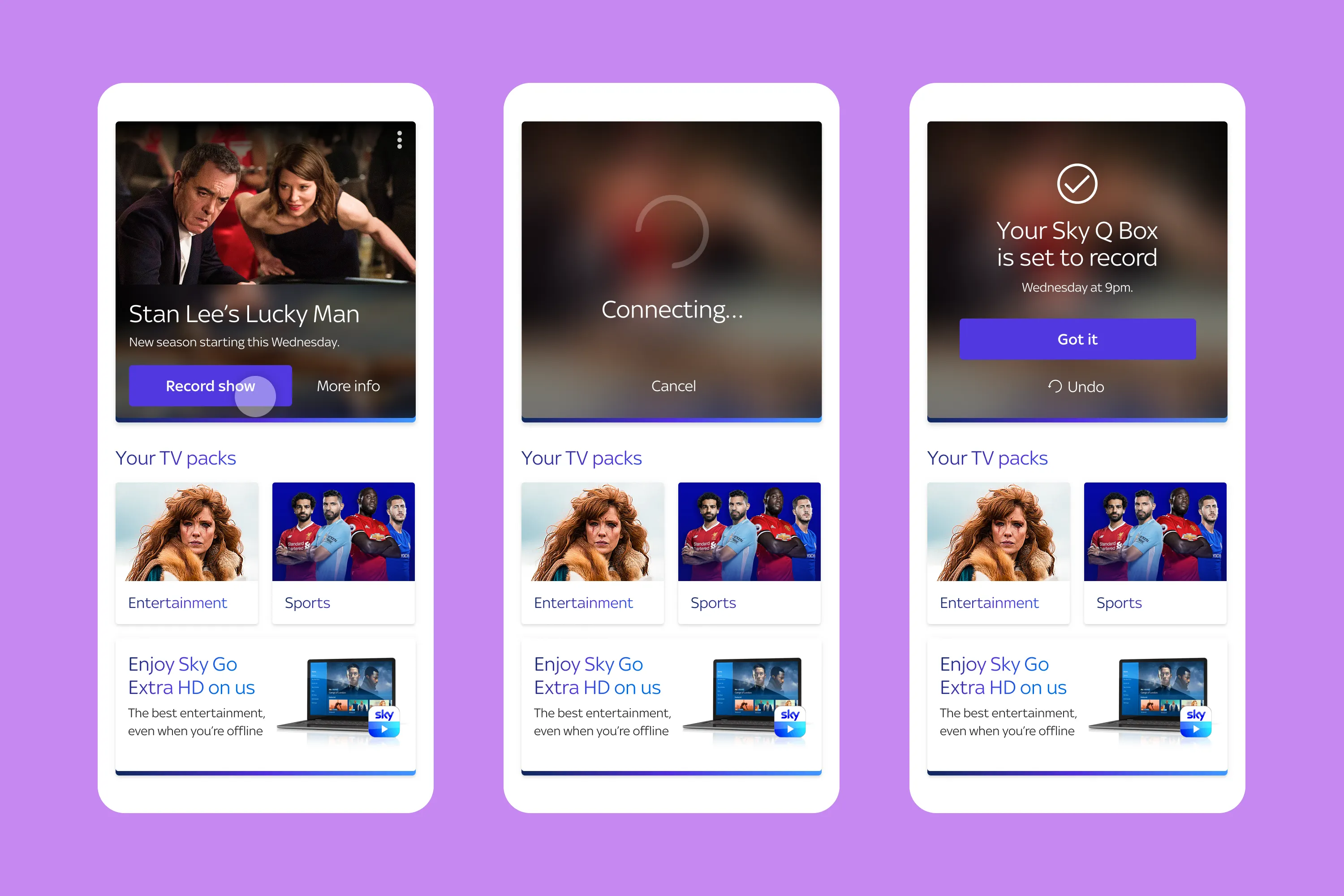 Three mobile screens showing recording a TV show in the Sky app, with states for selecting, connecting, and confirmation.