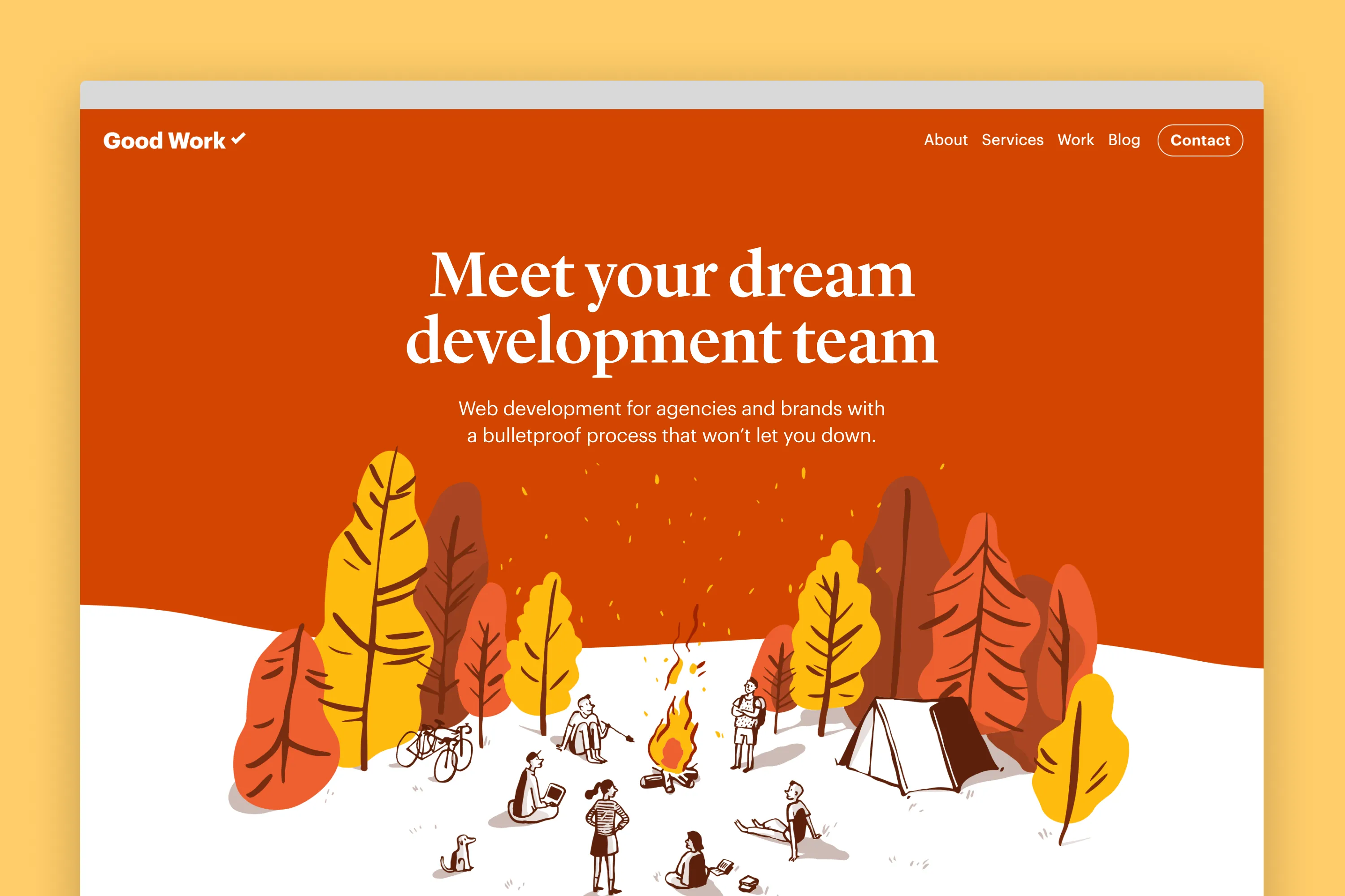 Homepage hero with headline “Meet your dream development team” above an illustrated forest scene with people working and relaxing around a campfire.