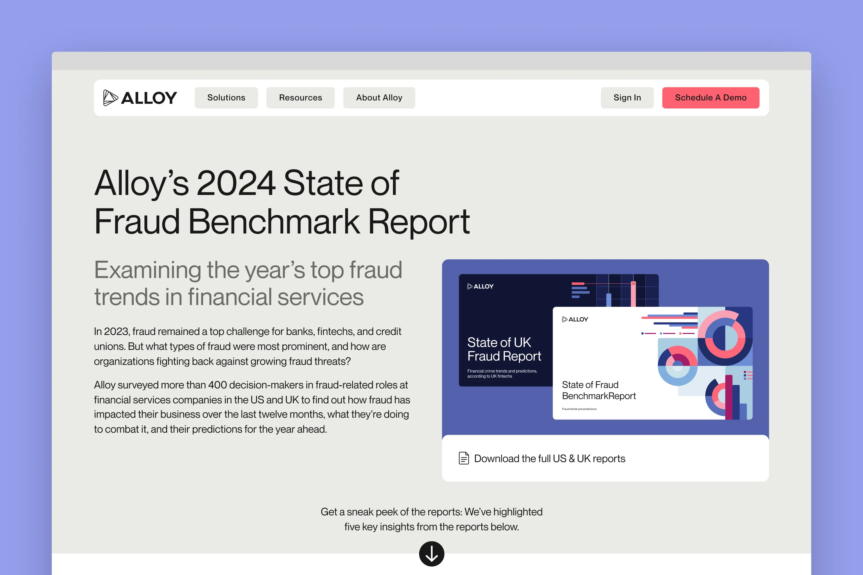 Alloy’s 2024 State of Fraud Benchmark Report webpage with download option for US and UK reports.