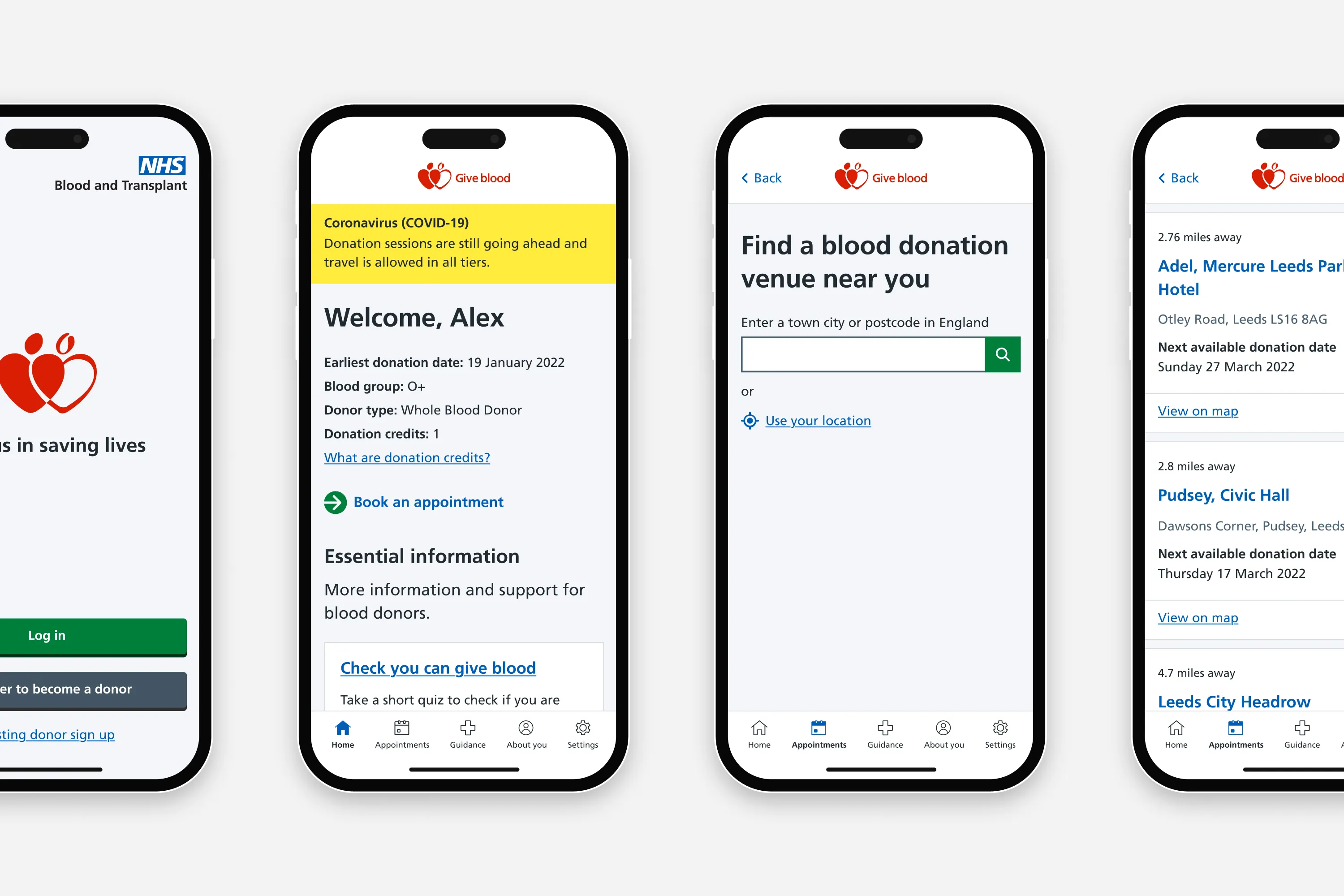 Four mobile screens from the NHS Give Blood app showing login, donor details, venue search, and search results.