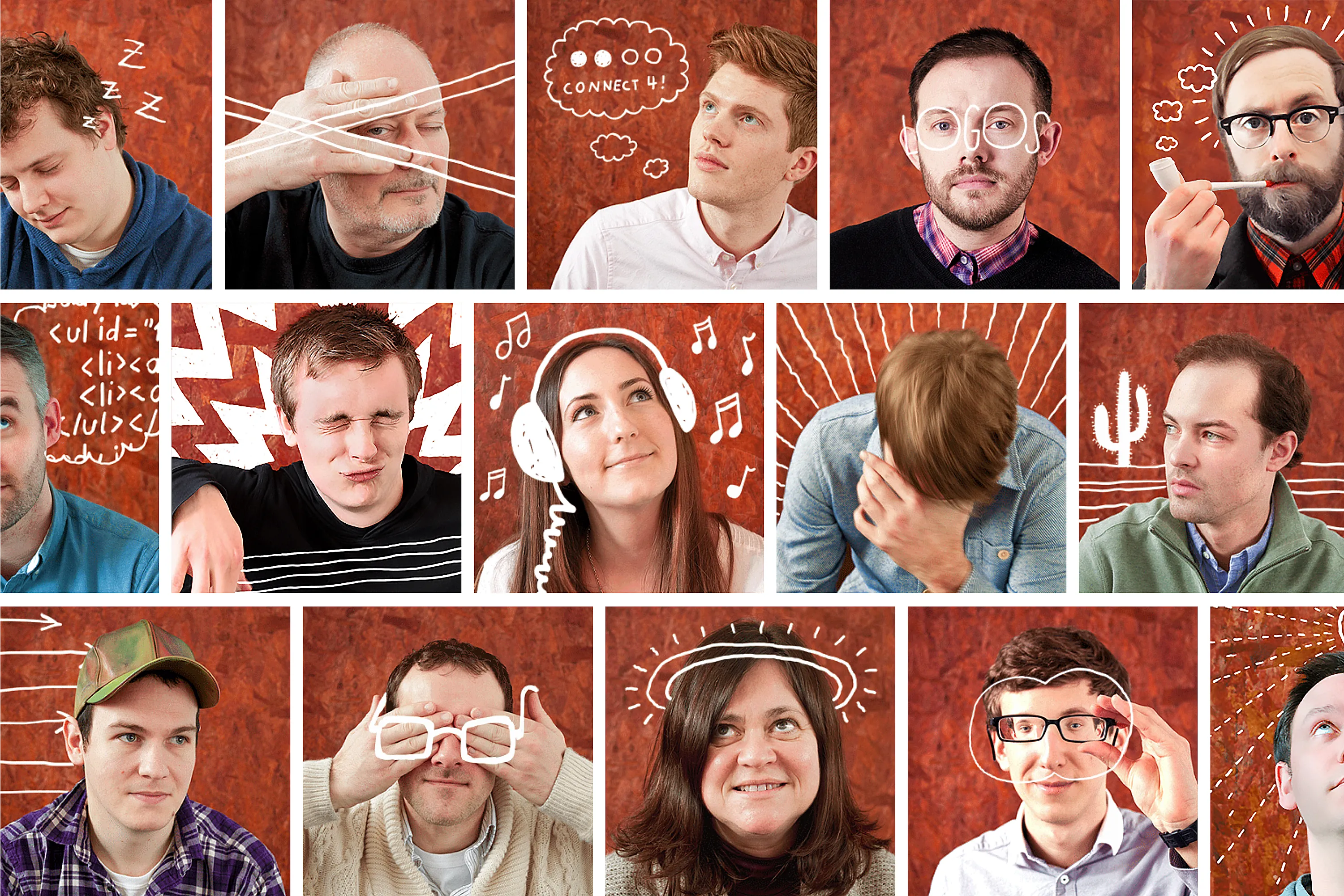 Collage of team portraits with playful white doodles added, including props, music notes, and thought bubbles.