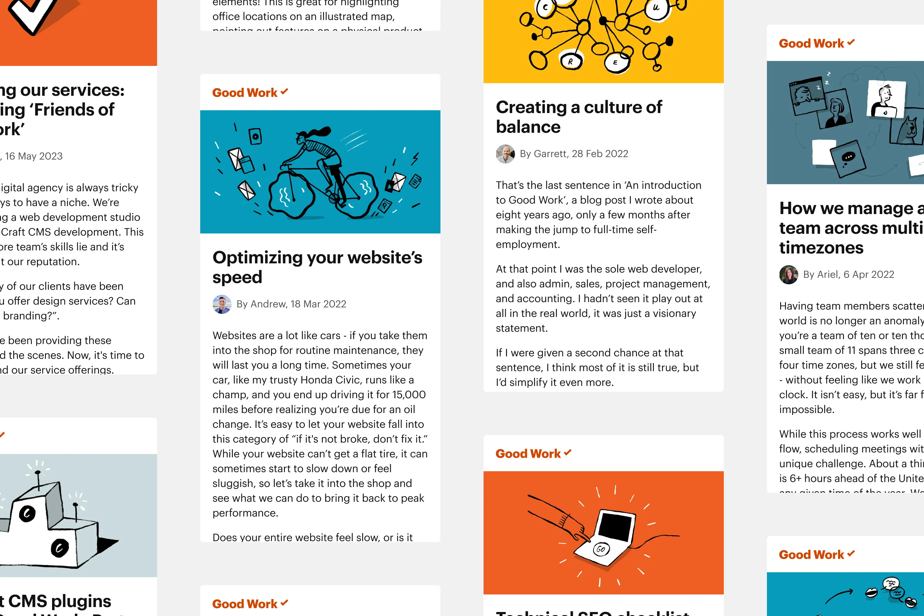 Good Work blog page. Grid of illustrated blog cards with headlines and excerpts, including a cyclist breaking through a barrier, a network diagram, and chat bubble faces.